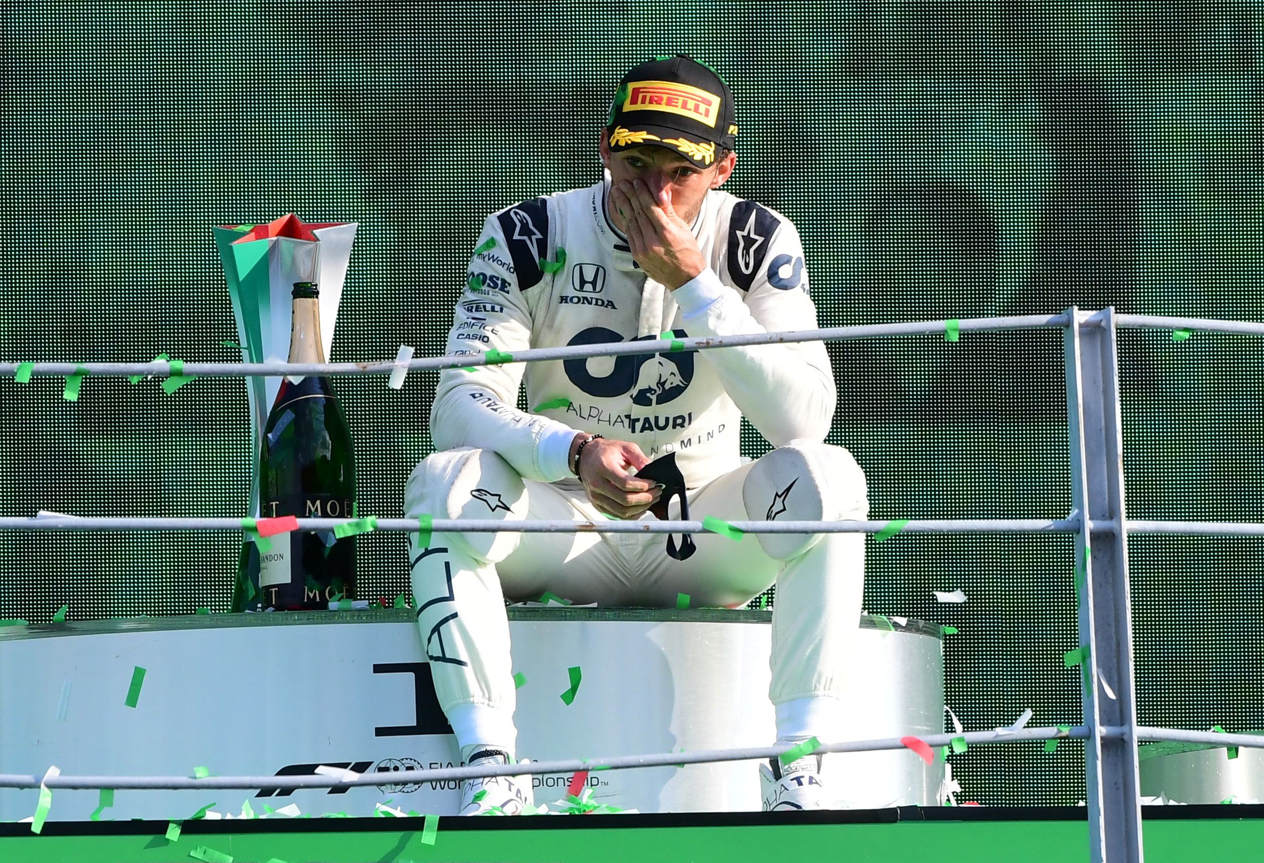 Formula One F1 - Italian Grand Prix - Autodromo Nazionale Monza, Monza, Italy - September 6, 2020  AlphaTauri's Pierre Gasly celebrates winning the Italian Grand Prix on the podium  REUTERS