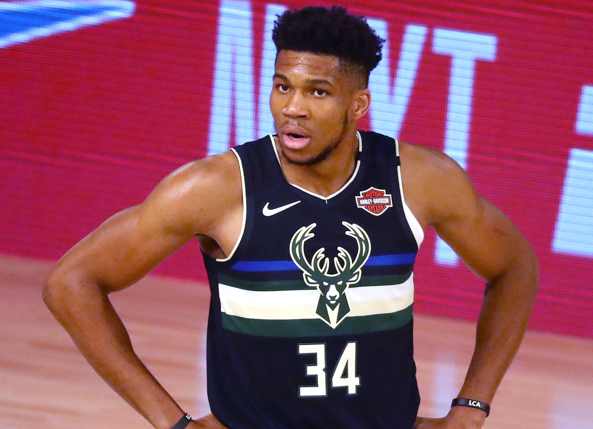 Sep 2, 2020; Lake Buena Vista, Florida, USA; Milwaukee Bucks forward Giannis Antetokounmpo (34) looks on during the second half of game two of the second round of the 2020 Stanley Cup Playoffs against the Miami Heat at The Field House. Mandatory Credit: Kim Klement-USA TODAY Sports