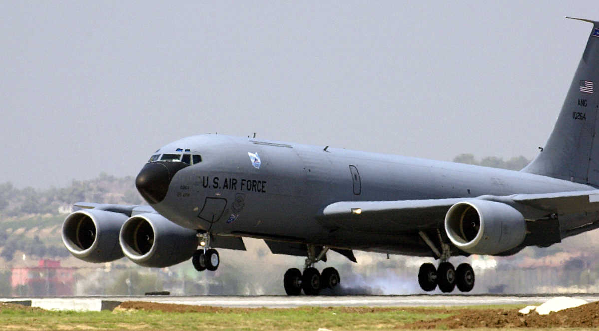 INCIRLIK AIR BASE, Turkey -- A KC-135 Stratotanker from the Air National Guard's 121st Air Refueling Wing at Rickenbacker International Airport, Ohio, touches down on the flightline here.  U.S. officials are sending four KC-135 Stratotanker aircraft and six aircrews to provide air-refueling support for operations Enduring Freedom and Iraqi Freedom.  Aircraft and people began arriving Aug. 19 and should be in place by Aug. 23.  (U.S. Air Force photo by Tech. Sgt. Vince Parker)