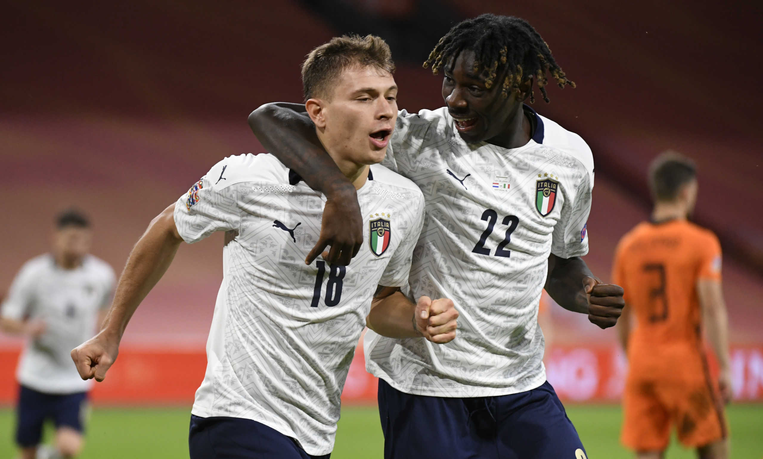 Soccer Football - UEFA Nations League - League A - Group 1 - Netherlands v Italy - Johan Cruijff Arena, Amsterdam, Netherlands - September 7, 2020 Italy's Nicolo Barella celebrates scoring their first goal with Moise Kean REUTERS
