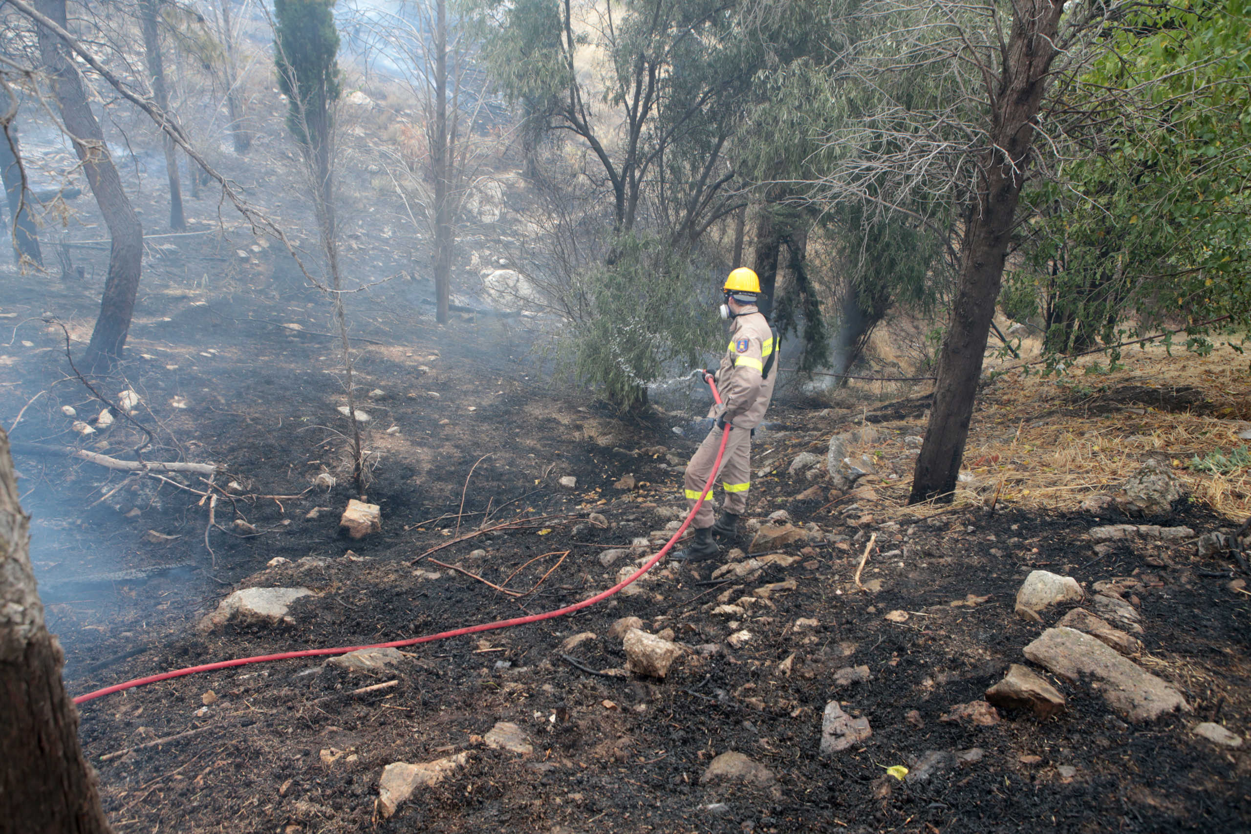 Πυροσβέστες επιχειρούν να σβήσουν τη φωτιά που ξέσπασε σε δασική έκταση στο τέρμα της οδού Κλεισούρας, στον Βύρωνα Αττικής, Σάββατο 26 Σεπτεμβρίου 2020. Στο σημείο επιχειρούν 62 πυροσβέστες με 22 οχήματα, 2 ομάδες πεζοπόρων τμημάτων, το μηχανοκίνητο ειδικό τμήμα πυροσβεστικών επιχειρήσεων, 5 ελικόπτερα και 1 αεροσκάφος με τη συνδρομή εθελοντών πυροσβεστών. ΑΠΕ-ΜΠΕ