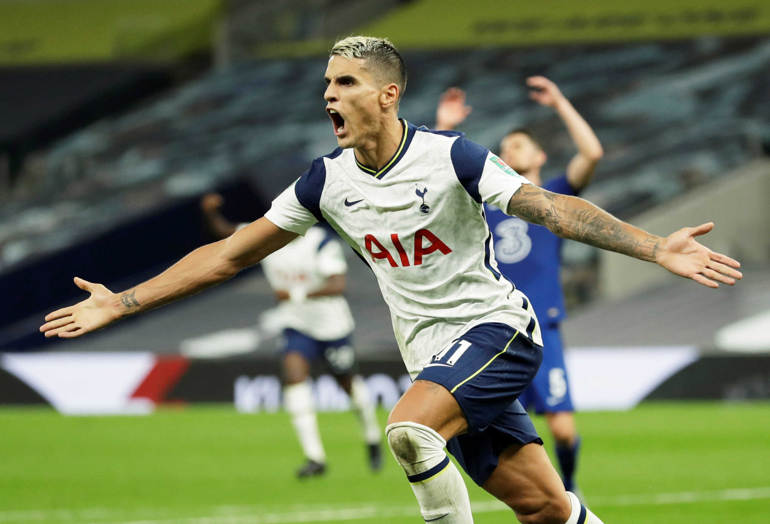 Soccer Football - Carabao Cup Fourth Round - Tottenham Hotspur v Chelsea - Tottenham Hotspur Stadium, London, Britain - September 29, 2020  Tottenham Hotspur's Erik Lamela celebrates scoring their first goal Pool via REUTERS