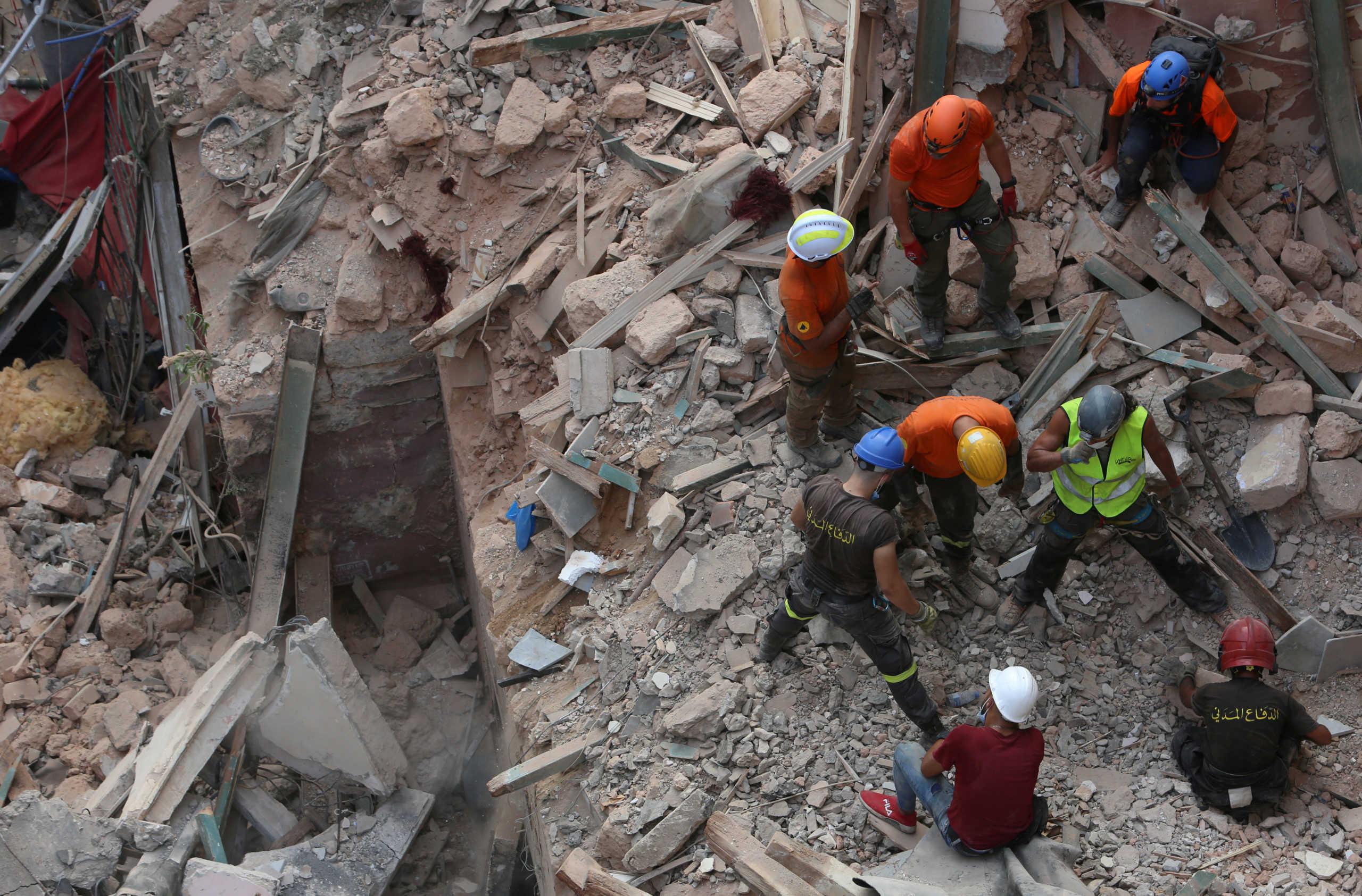 Rescue team search through rubble of buildings damaged due to the massive explosion at Beirut's port area, in Gemmayze, Lebanon September 4, 2020. REUTERS