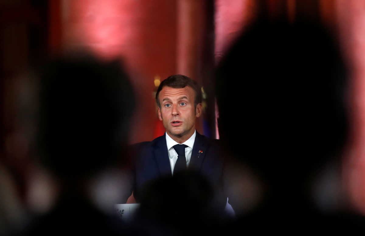 French President Emmanuel Macron speaks during a news conference at the Pine Residence, the official residence of the French ambassador to Lebanon, in Beirut, Lebanon September 1, 2020. REUTERS