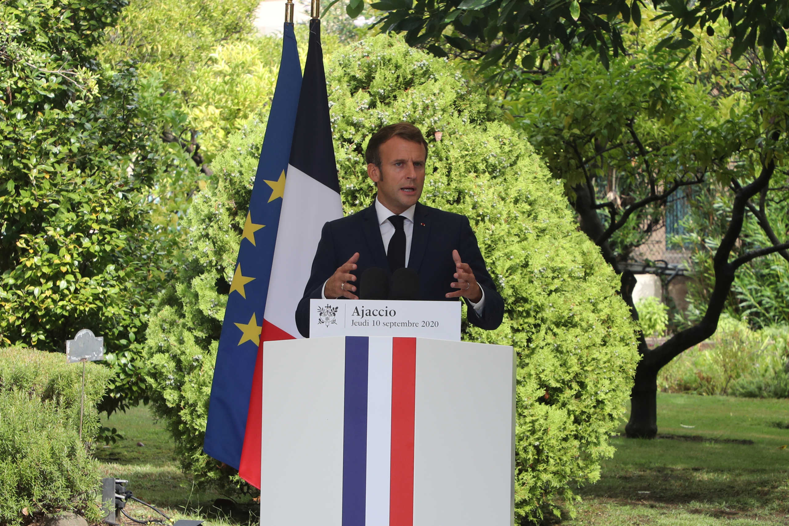 French President Emmanuel Macron gives a news conference in Ajaccio, on the Mediterranean Island of Corsica, France September 10, 2020. Ludovic Marin
