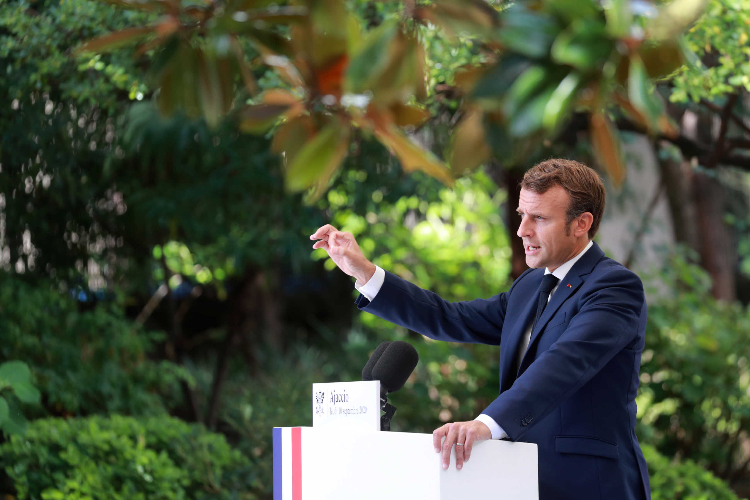 French President Emmanuel Macron gives a news conference in Ajaccio, on the Mediterranean Island of Corsica, France September 10, 2020. Ludovic Marin