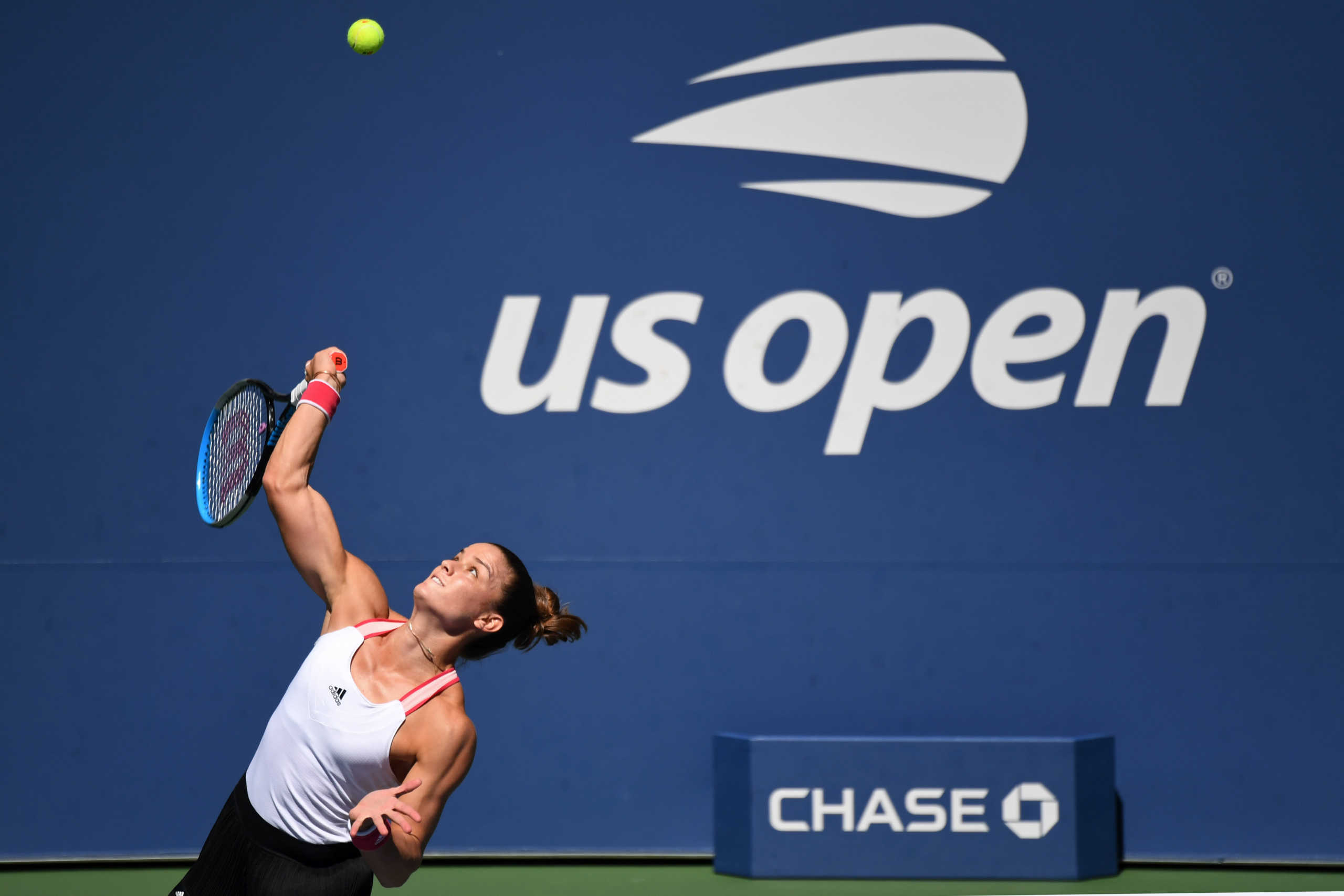Sep 7, 2020; Flushing Meadows, New York, USA; Maria Sakkari of Greece serves against Serena Williams of the United States (not pictured) on day eight of the 2020 U.S. Open tennis tournament at USTA Billie Jean King National Tennis Center. (Mandatory Credit: Danielle Parhizkaran-USA TODAY Sports