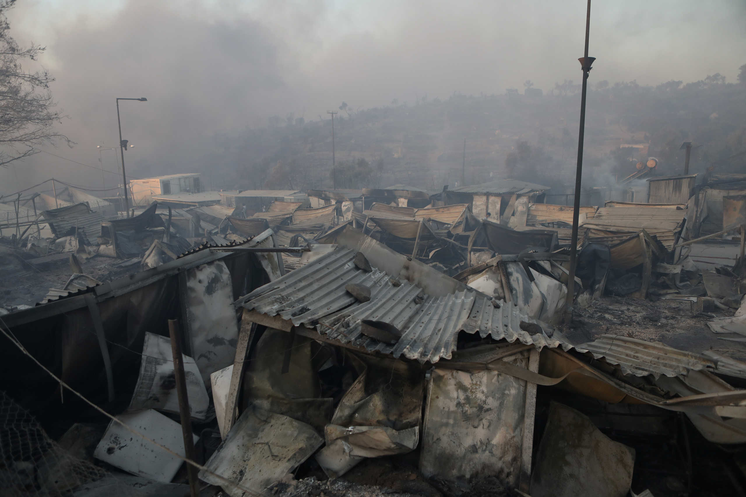 A view of destroyed shelters following a fire at the Moria camp for refugees and migrants on the island of Lesbos, Greece, September 9, 2020. REUTERS