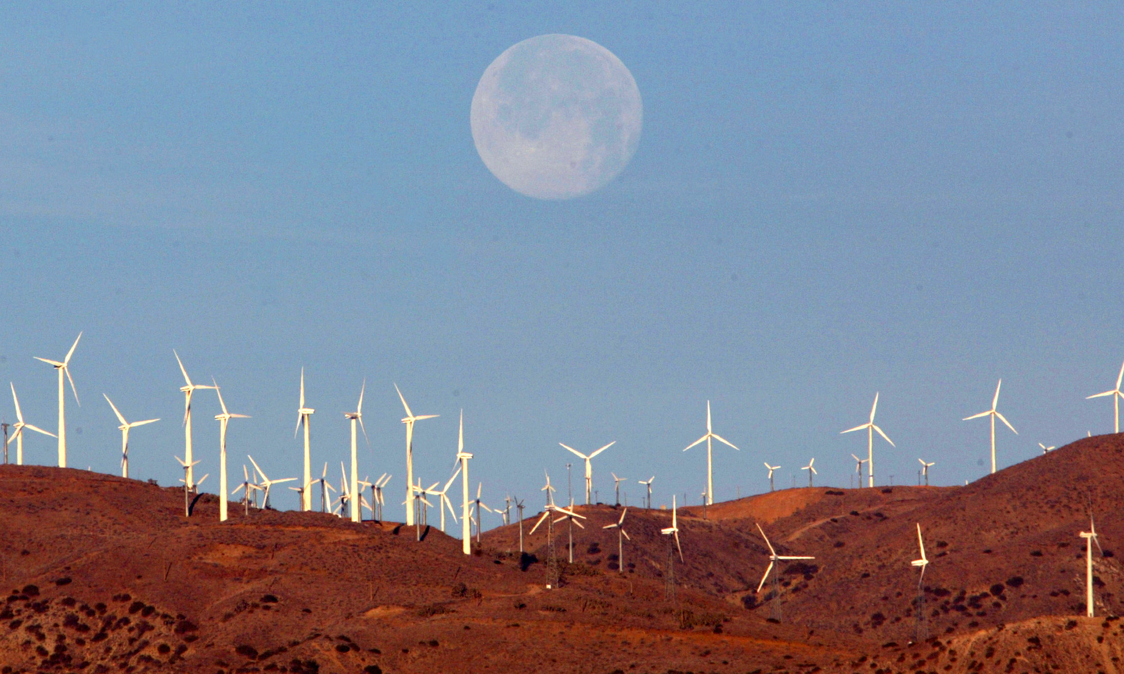 FILE PHOTO: The full moon sets behind a wind farm in the Mojave Desert in California, January 8, 2004.  Picture taken January 8, 2004.  REUTERS