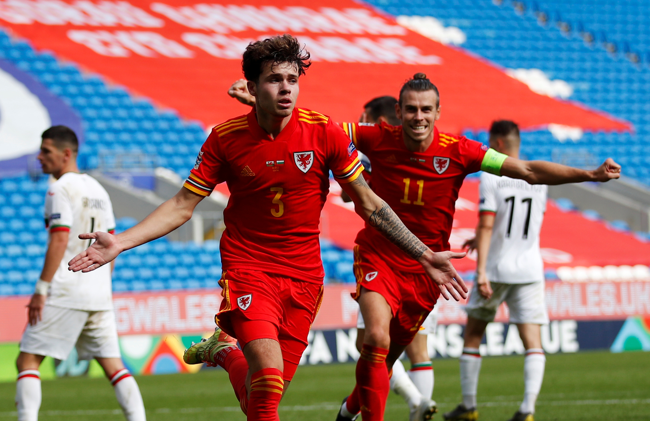 Soccer Football - UEFA Nations League - League B - Group 4 - Wales v Bulgaria - Cardiff City Stadium, Cardiff, Wales, Britain - September 6, 2020   Wales' Neco Williams celebrates scoring their first goal with Gareth Bale         REUTERS