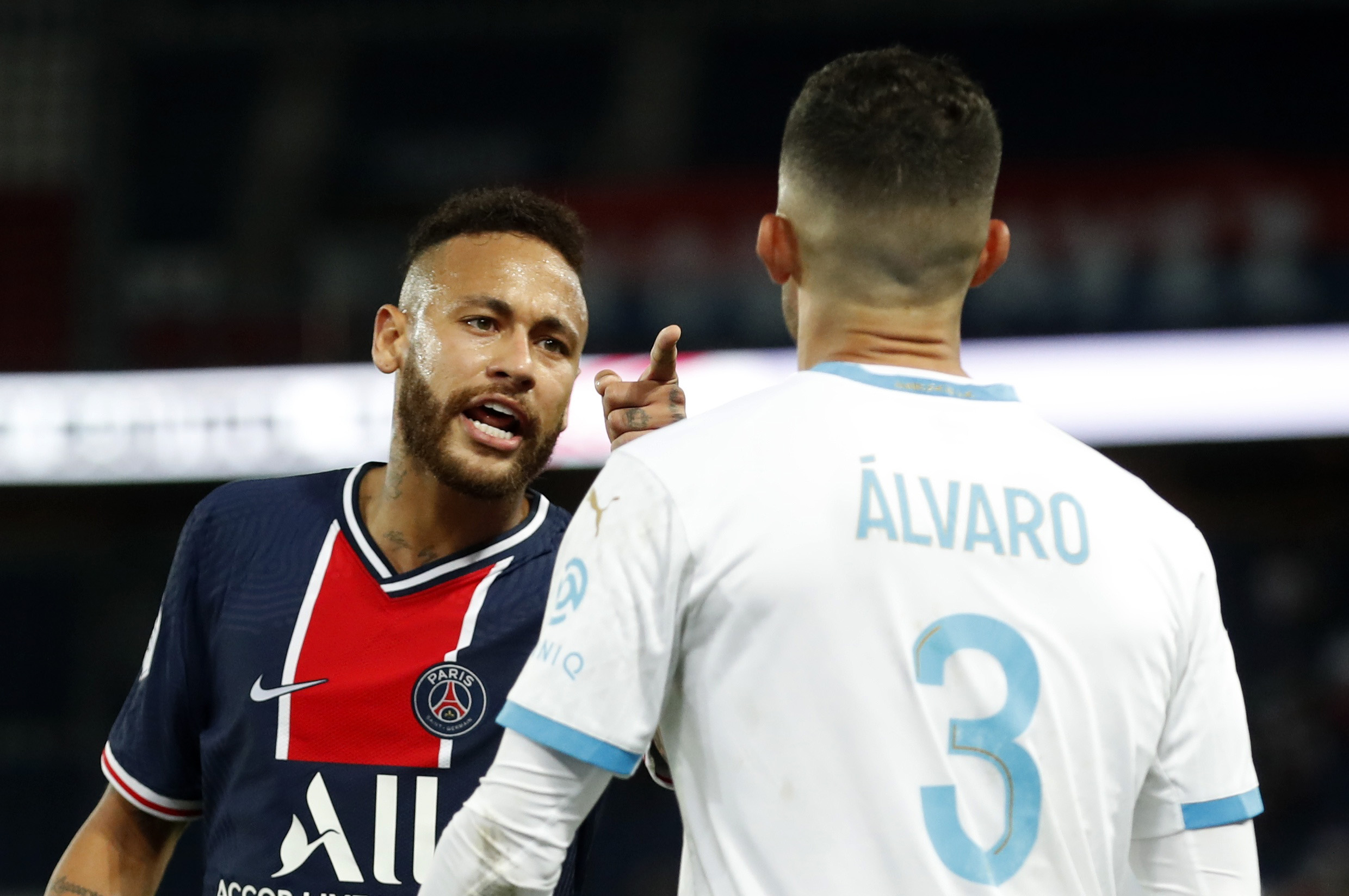Soccer Football - Ligue 1 - Paris St Germain v Olympique de Marseille - Parc des Princes, Paris, France - September 13, 2020  Paris St Germain's Neymar clashes with Olympique de Marseille's Alvaro Gonzalez REUTERS