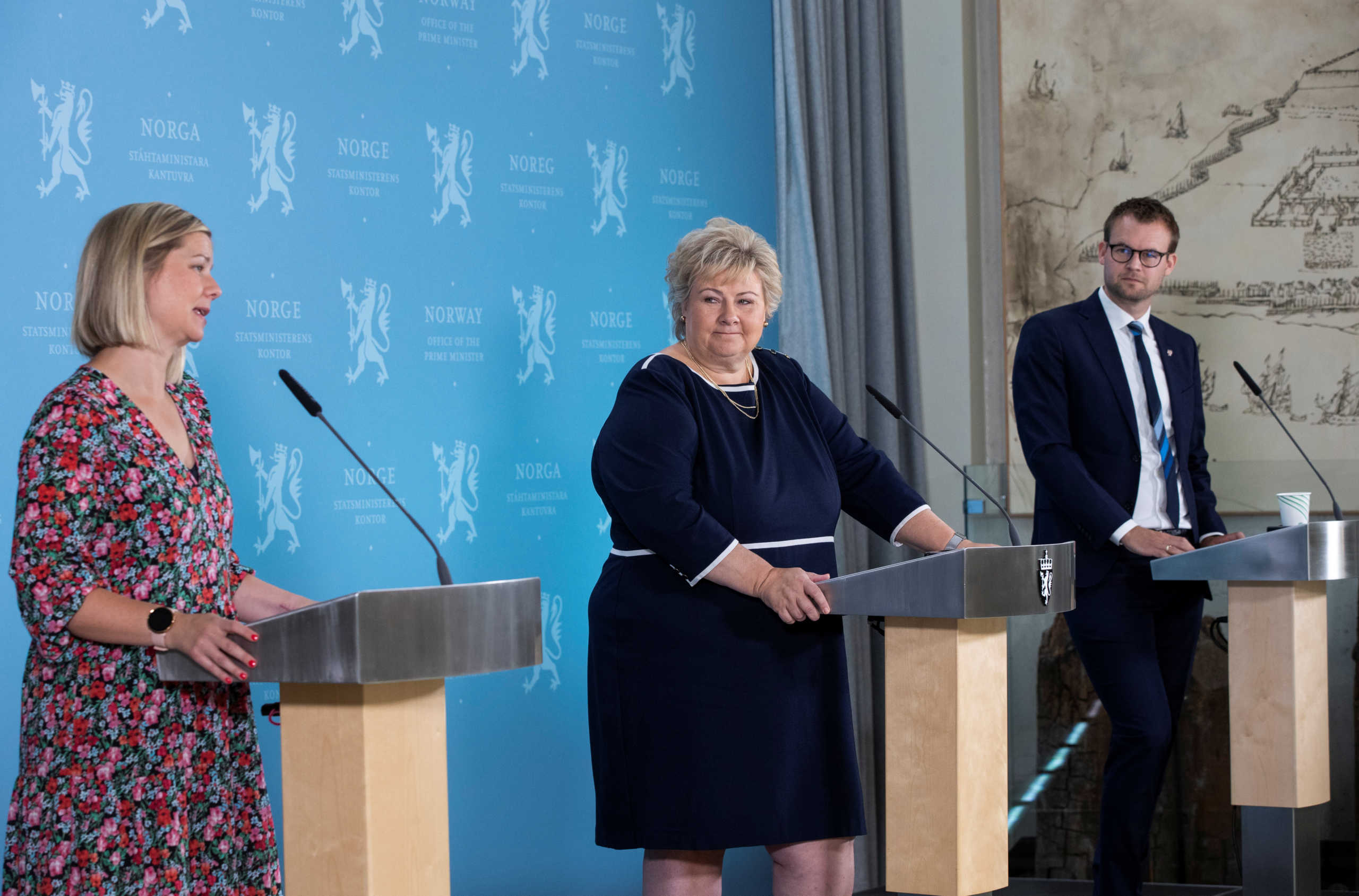 Norway's Minister of Education and Integration Guri Melby speaks as Prime Minister Erna Solberg and Minister of Children, Family and Church Affairs Kjell Ingolf Ropstad listen during a news conference about the coronavirus disease (COVID-19), in Oslo, Norway September 3, 2020. Berit Roald