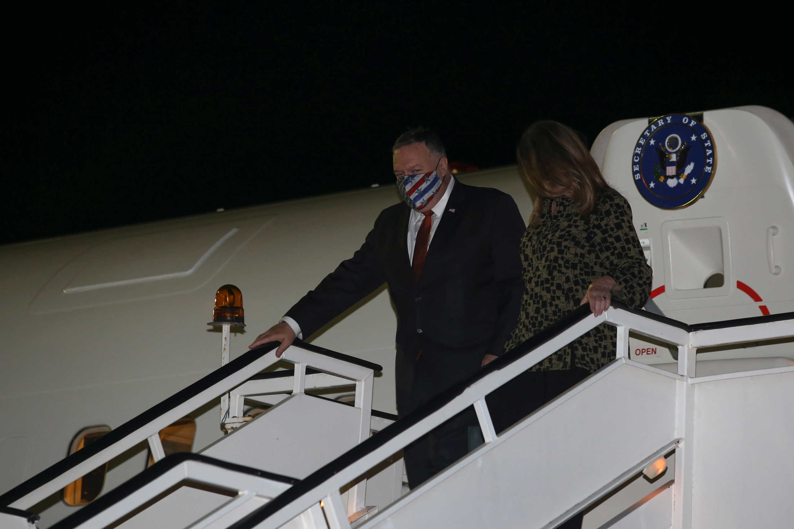 U.S. Secretary of State Mike Pompeo and his wife Susan, arrive in the northern city of Thessaloniki, Greece, September 28, 2020. Giannis Papanikos