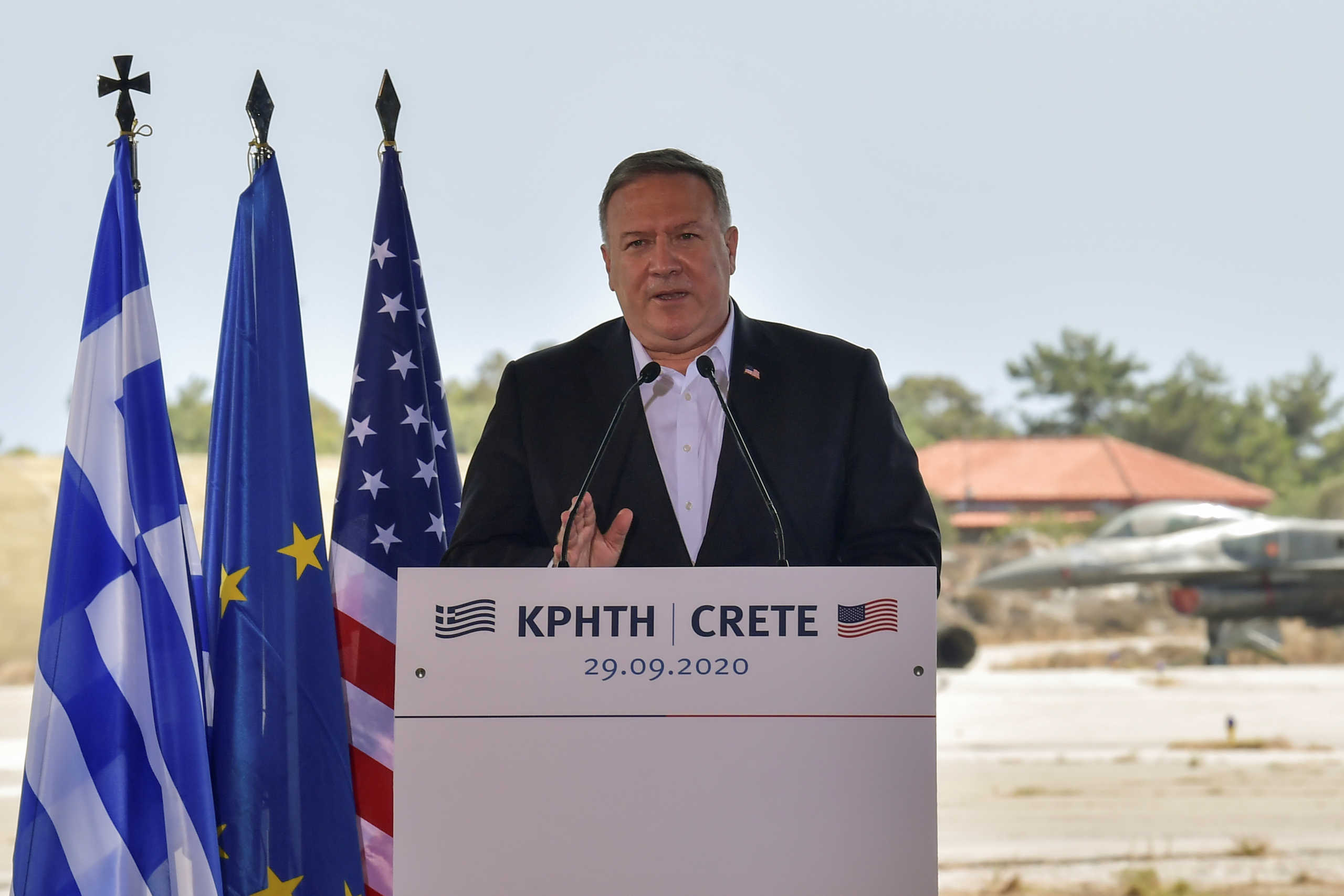 U.S. Secretary of State Mike Pompeo addresses a news conference during a visit to the Naval Support Activity base at Souda, Crete, Greece September 29, 2020.  Aris Messinis