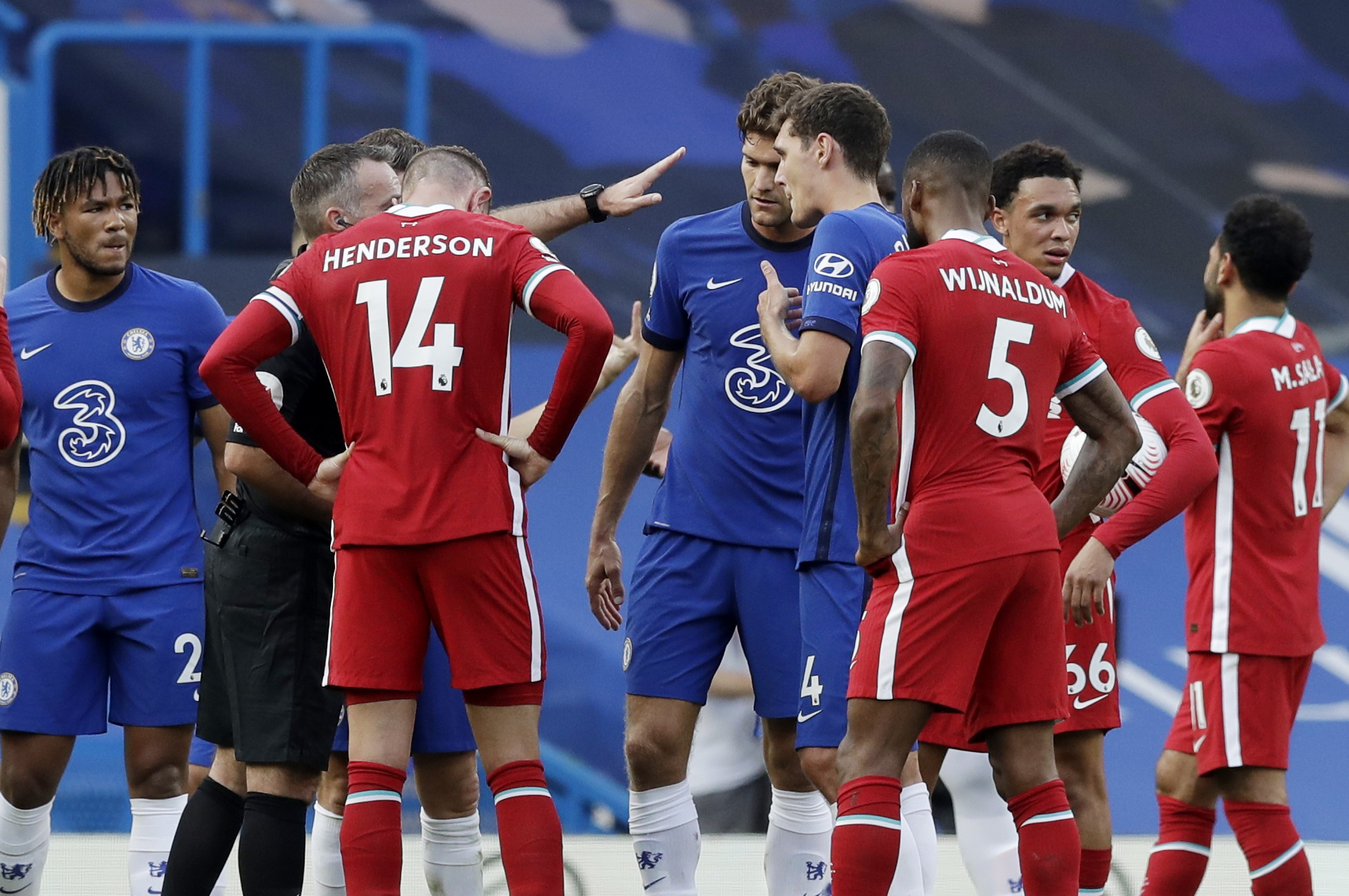 Soccer Football - Premier League - Chelsea v Liverpool - Stamford Bridge, London, Britain - September 20, 2020 Chelsea's Andreas Christensen remonstrates with referee Paul Tierney before being shown a red card Pool via REUTERS