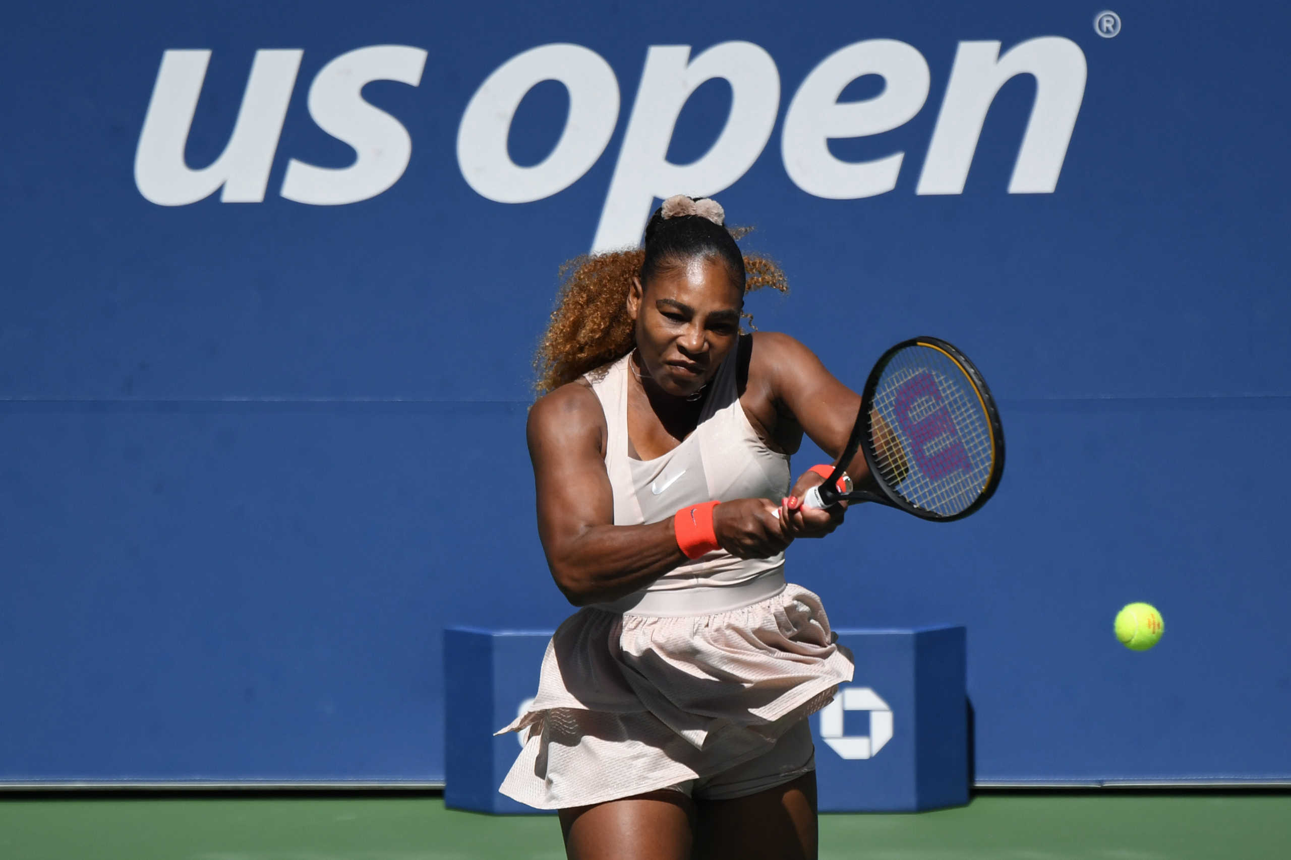 Sep 7, 2020; Flushing Meadows, New York, USA; Serena Williams of the United States hits a forehbackhandand against Maria Sakkari of Greece (not pictured) on day eight of the 2020 U.S. Open tennis tournament at USTA Billie Jean King National Tennis Center. (Mandatory Credit: Danielle Parhizkaran-USA TODAY Sports
