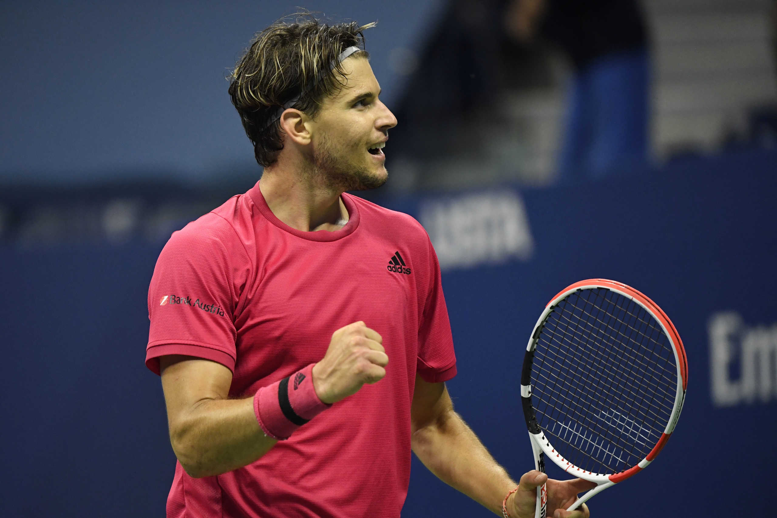 Sep 11 2020; Flushing Meadows, New York,USA; Dominic Thiem of Austria celebrates after match point against Daniil Medvedev of Russia (not pictured) in a men's singles semi-finals match on day twelve of the 2020 U.S. Open tennis tournament at USTA Billie Jean King National Tennis Center. Mandatory Credit: Danielle Parhizkaran-USA TODAY Sports