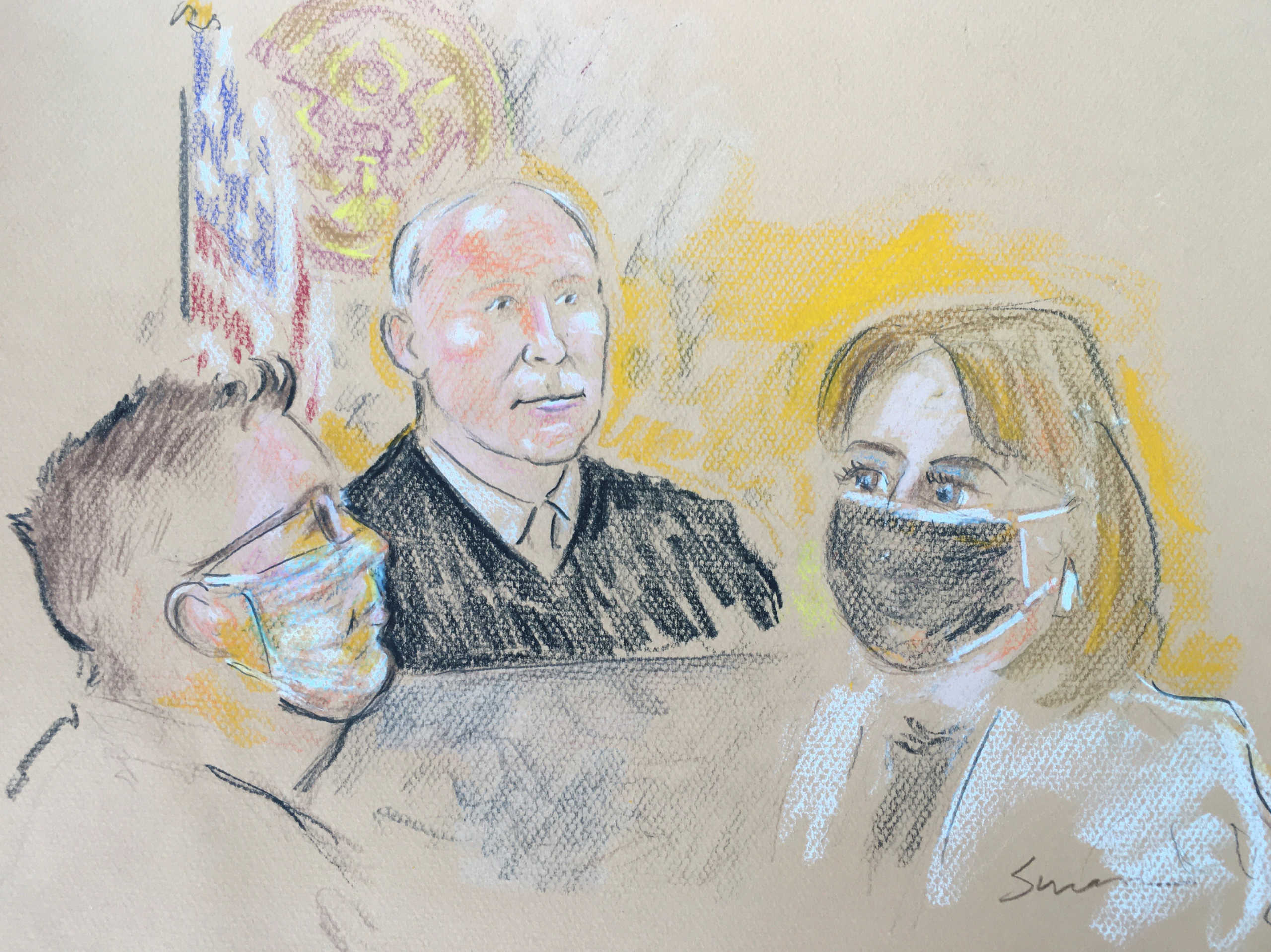 Pascale Cecile Veronique Ferrier, 53, who was arrested on the Canada-U.S. border on suspicion of sending a ricin-filled envelope to the White House and to five other addresses, attends her initial federal court appearance before U.S. Magistrate Judge H. Kenneth Schroeder, Jr. and her defense attorney in a court sketch in Buffalo, New York, U.S. September 22, 2020. REUTERS