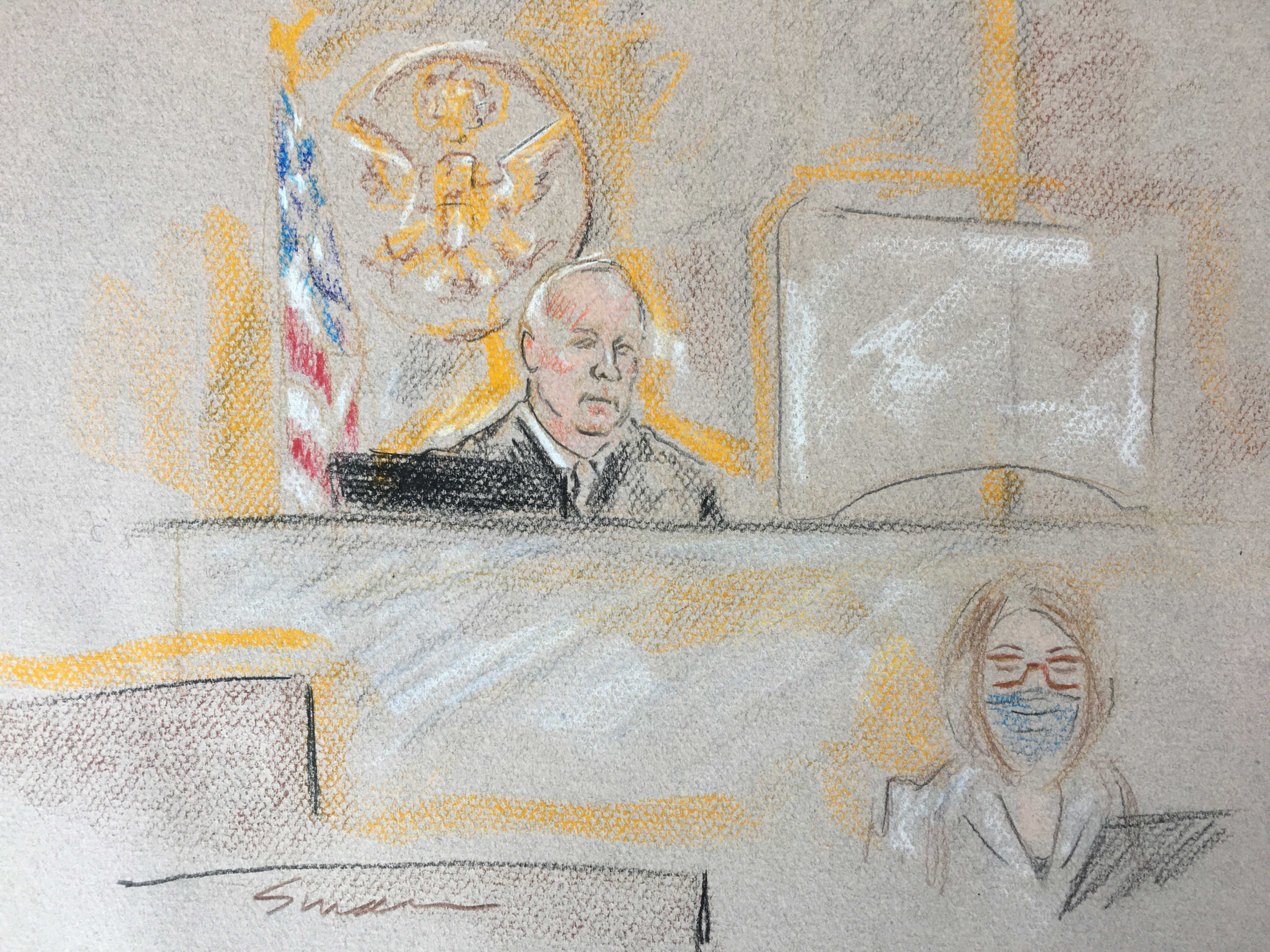 U.S. Magistrate Judge H. Kenneth Schroeder, Jr., seated above a stenographer, presides over the initial court appearance of Pascale Cecile Veronique Ferrier, 53, who was arrested on the Canada-U.S. border on suspicion of sending a ricin-filled envelope to the White House and to five other addresses, in a court sketch in Buffalo, New York, U.S. September 22, 2020. REUTERS