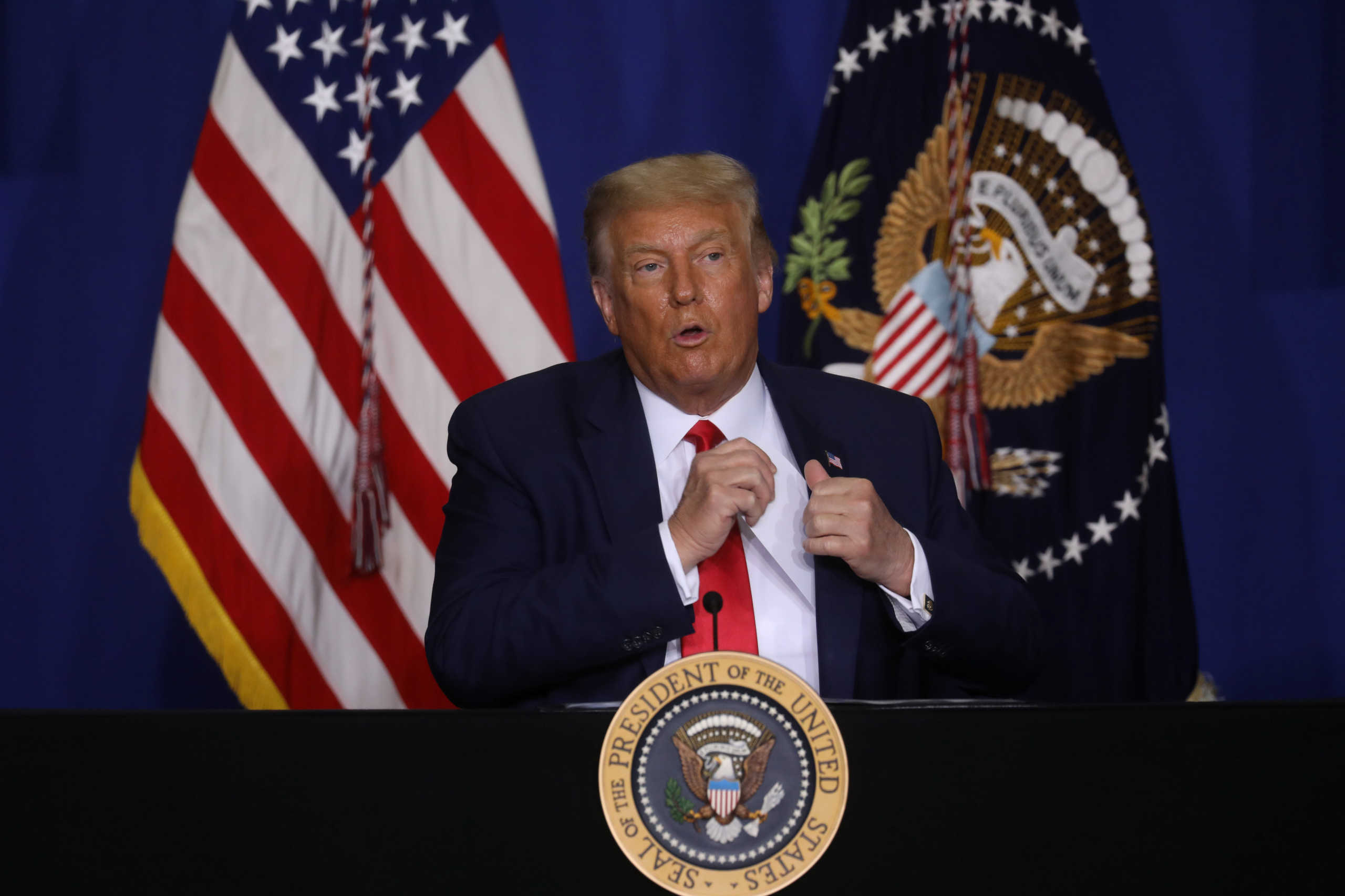 U.S. President Donald Trump participates in a roundtable on "Wisconsin Community Safety"after he surveyed property damage while visiting Kenosha in the aftermath of recent protests against police brutality and racial injustice and the ensuing violence after the shooting of Jacob Blake by a police officer in Kenosha, Wisconsin, U.S., September 1, 2020. REUTERS
