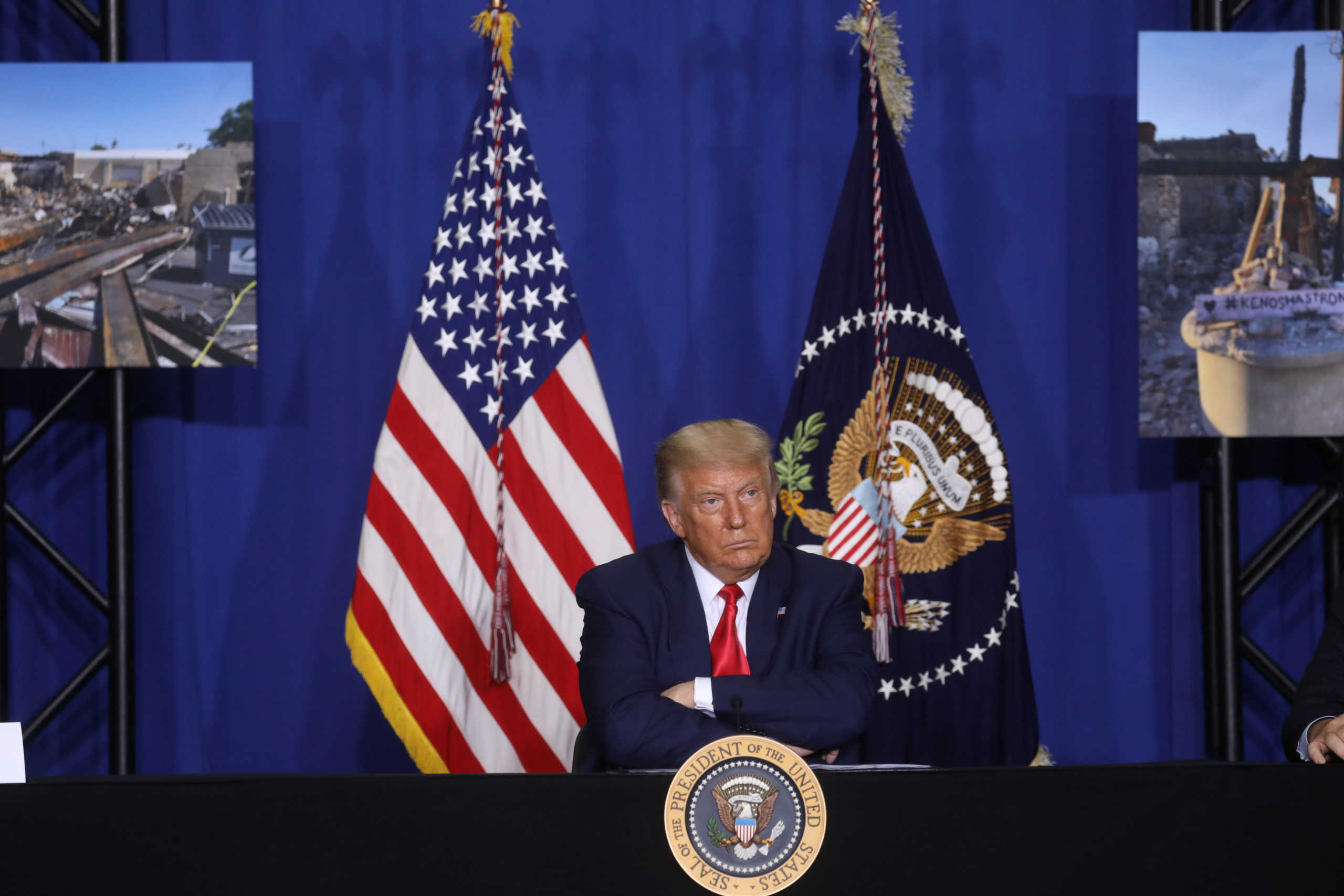 U.S. President Donald Trump speaks during a roundtable on "Wisconsin Community Safety"after he surveyed property damage while visiting Kenosha in the aftermath of recent protests against police brutality and racial injustice and the ensuing violence after the shooting of Jacob Blake by a police officer in Kenosha, Wisconsin, U.S., September 1, 2020. REUTERS