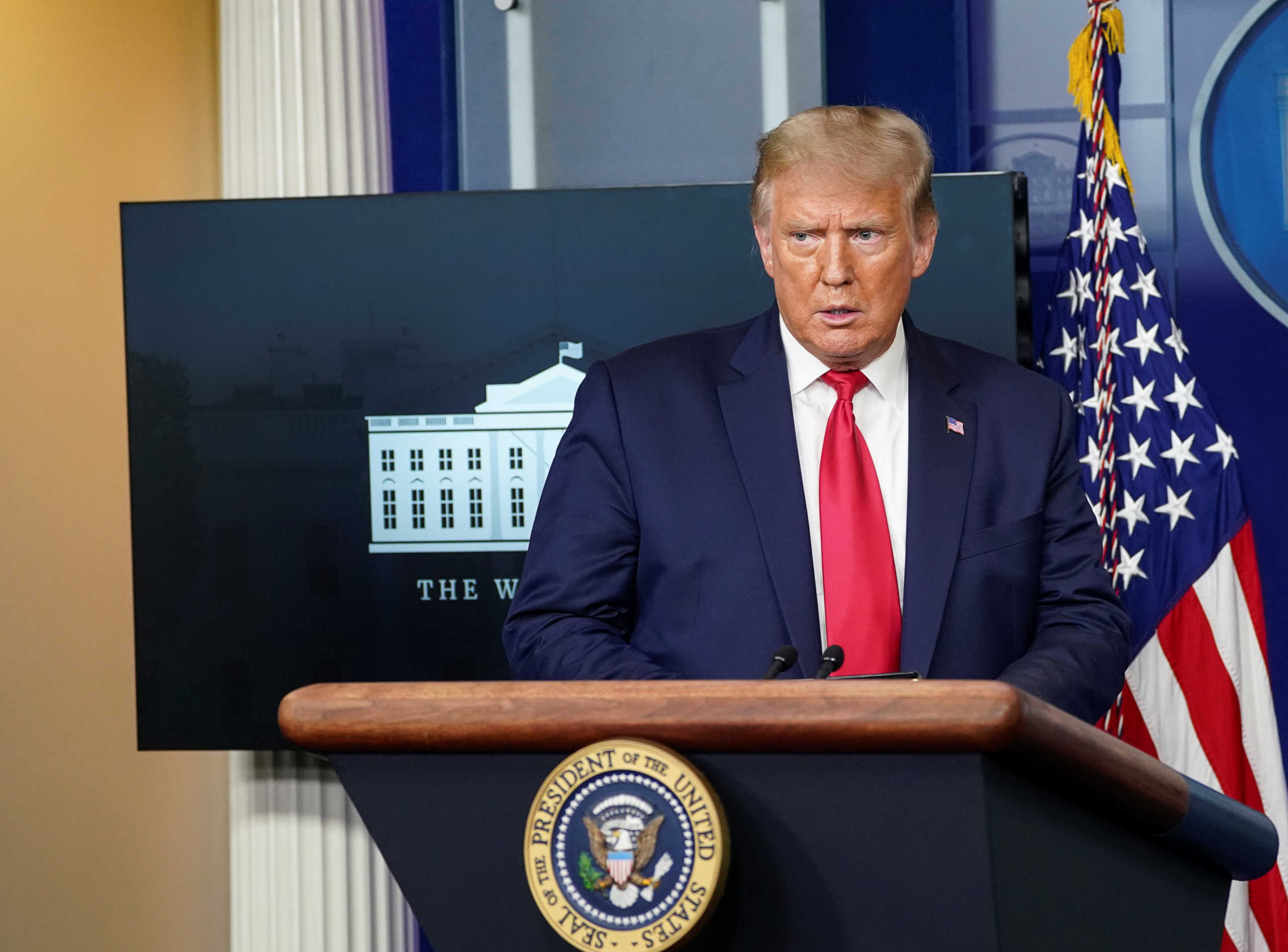 U.S. President Donald Trump arrives to address reporters during a news conference in the Brady Press Briefing Room at the White House in Washington, U.S., September 10, 2020. REUTERS