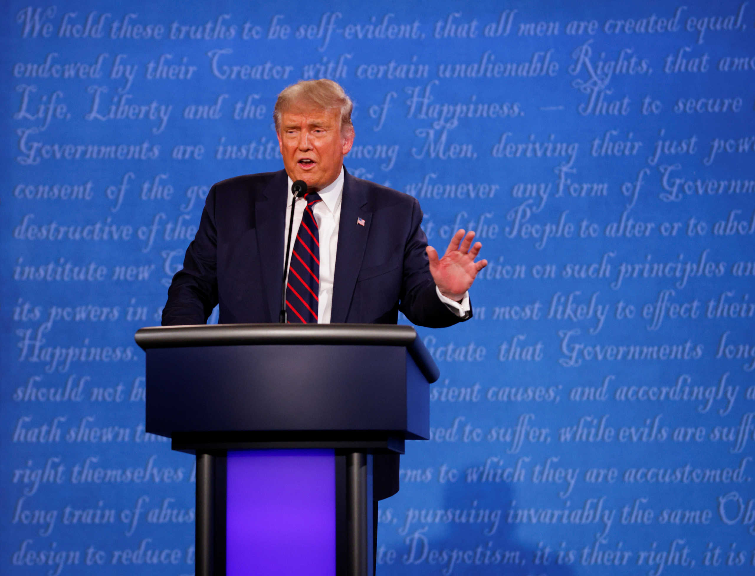 U.S. President Donald Trump speaks during the first 2020 presidential campaign debate with Democratic presidential nominee Joe Biden, held on the campus of the Cleveland Clinic at Case Western Reserve University in Cleveland, Ohio, U.S., September 29, 2020. REUTERS