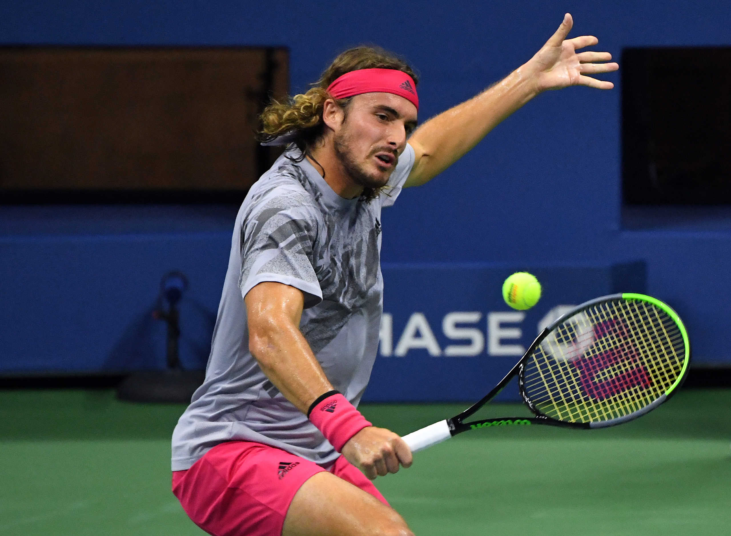 Sep 2, 2020; Flushing Meadows, New York, USA; Stefanos Tsitsipas of Greece hits the ball against Maxime Cressy of the United States on day three of the 2020 U.S. Open tennis tournament at USTA Billie Jean King National Tennis Center. Mandatory Credit: Robert Deutsch-USA TODAY Sports