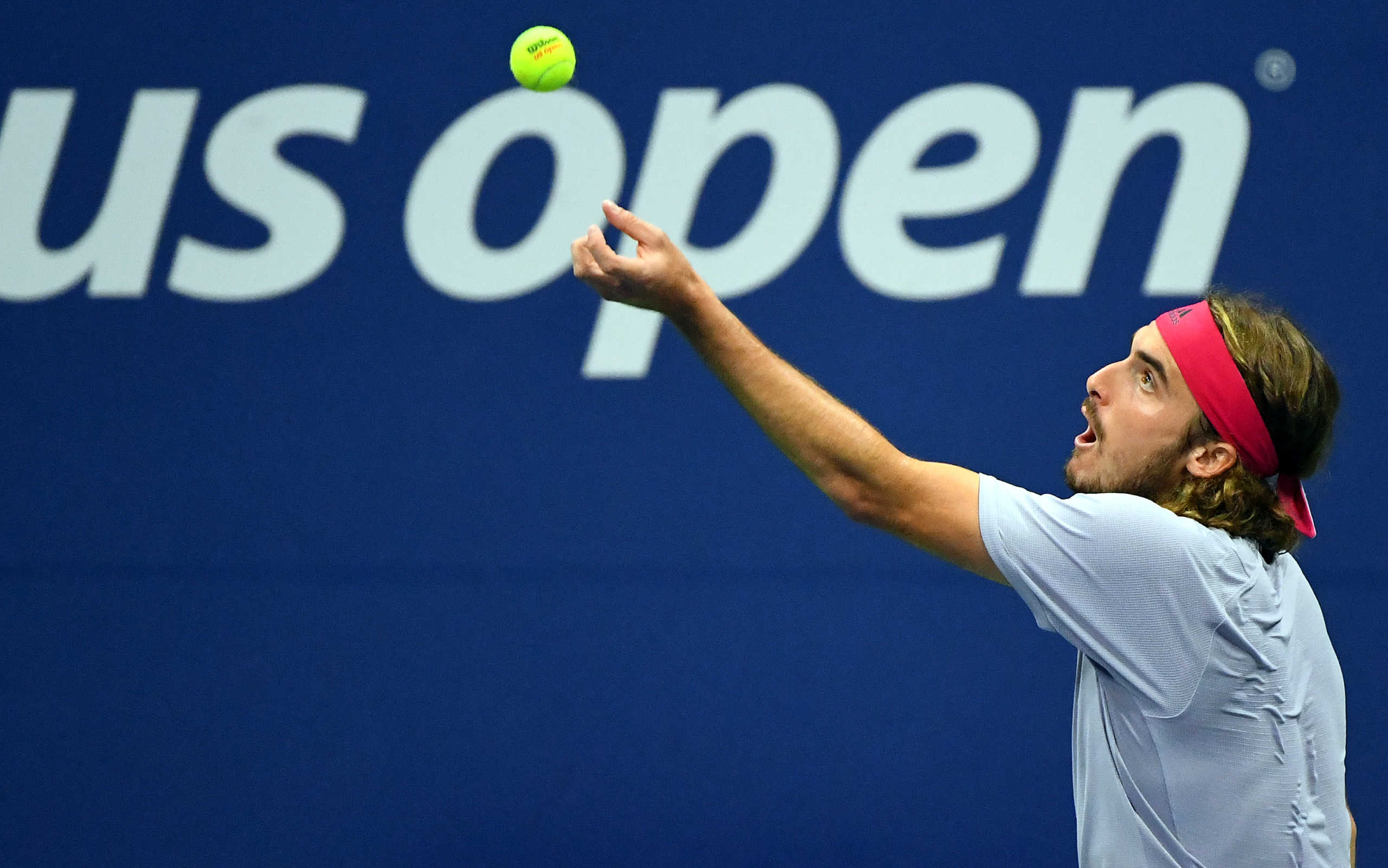 Sep 2, 2020; Flushing Meadows, New York, USA; Stefanos Tsitsipas of Greece hits the ball against Maxime Cressy of the United States on day three of the 2020 U.S. Open tennis tournament at USTA Billie Jean King National Tennis Center. Mandatory Credit: Robert Deutsch-USA TODAY Sports