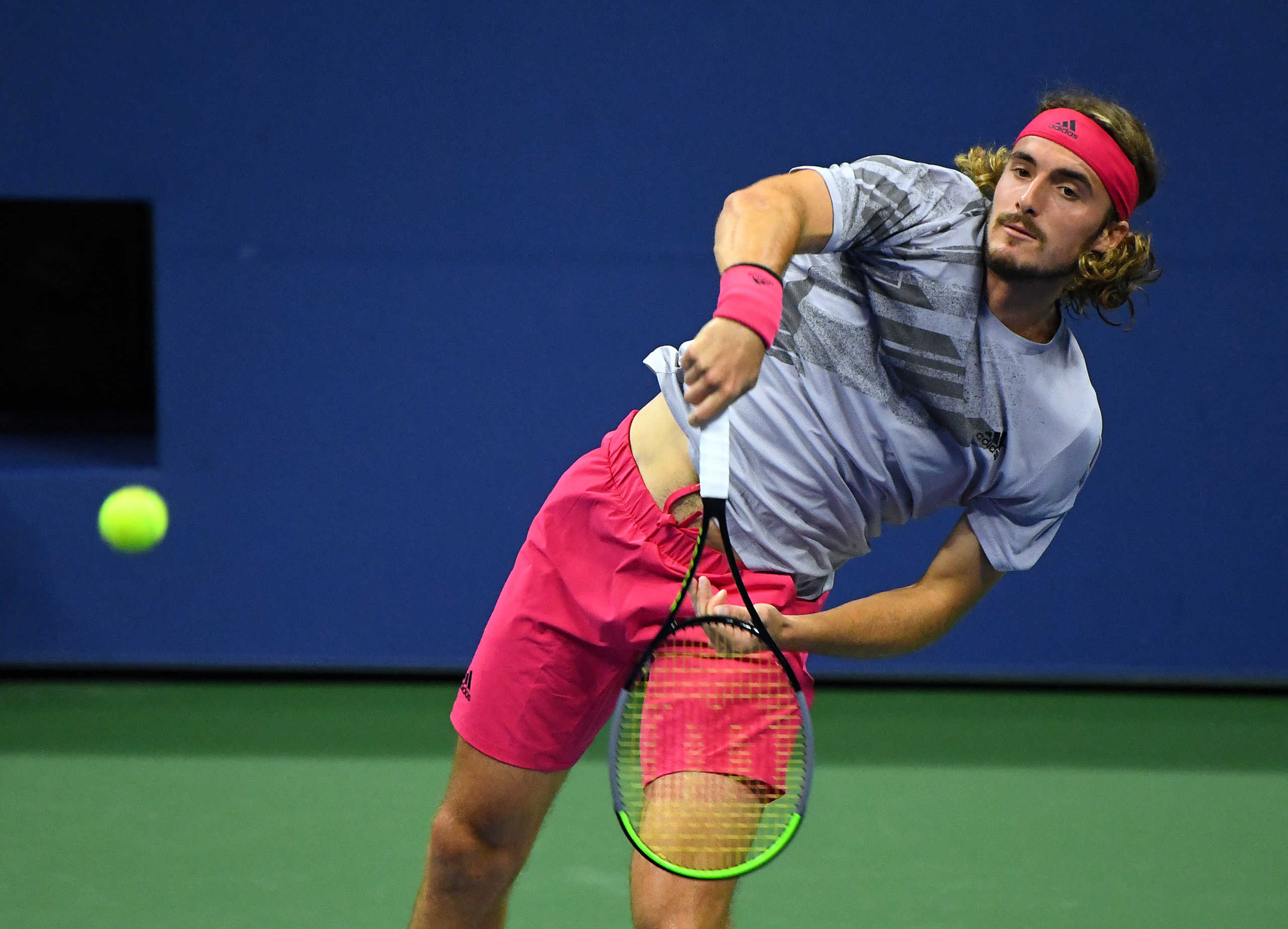 Sep 2, 2020; Flushing Meadows, New York, USA; Stefanos Tsitsipas of Greece hits the ball against Maxime Cressy of the United States on day three of the 2020 U.S. Open tennis tournament at USTA Billie Jean King National Tennis Center. Mandatory Credit: Robert Deutsch-USA TODAY Sports