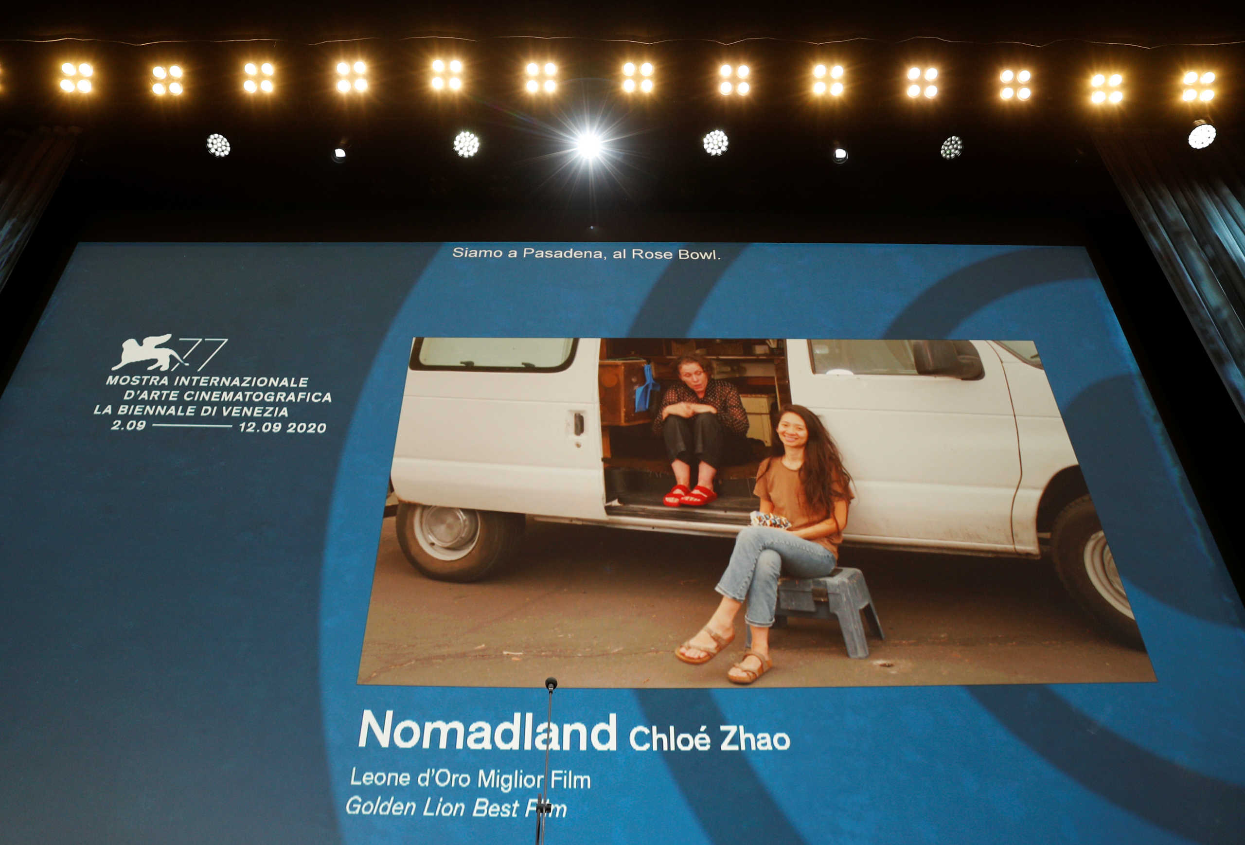 The 77th Venice Film Festival - Awards Ceremony - Venice, Italy, September 12, 2020 - Director Chloe Zhao wins the Golden Lion award for Best Film "Nomadland". REUTERS