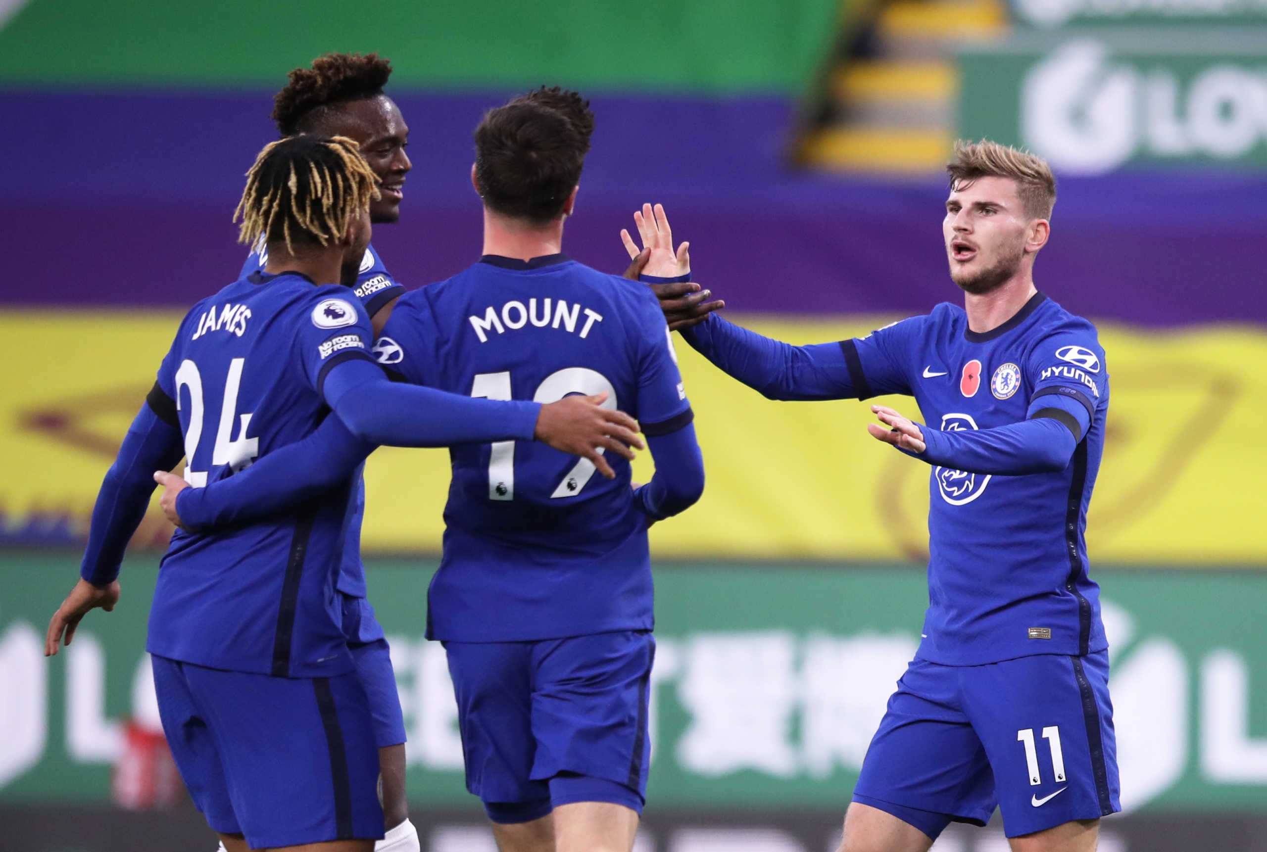 Soccer Football - Premier League - Burnley v Chelsea - Turf Moor, Burnley, Britain - October 31, 2020 Chelsea's Timo Werner celebrates scoring their third goal with teammates Pool via REUTERS
