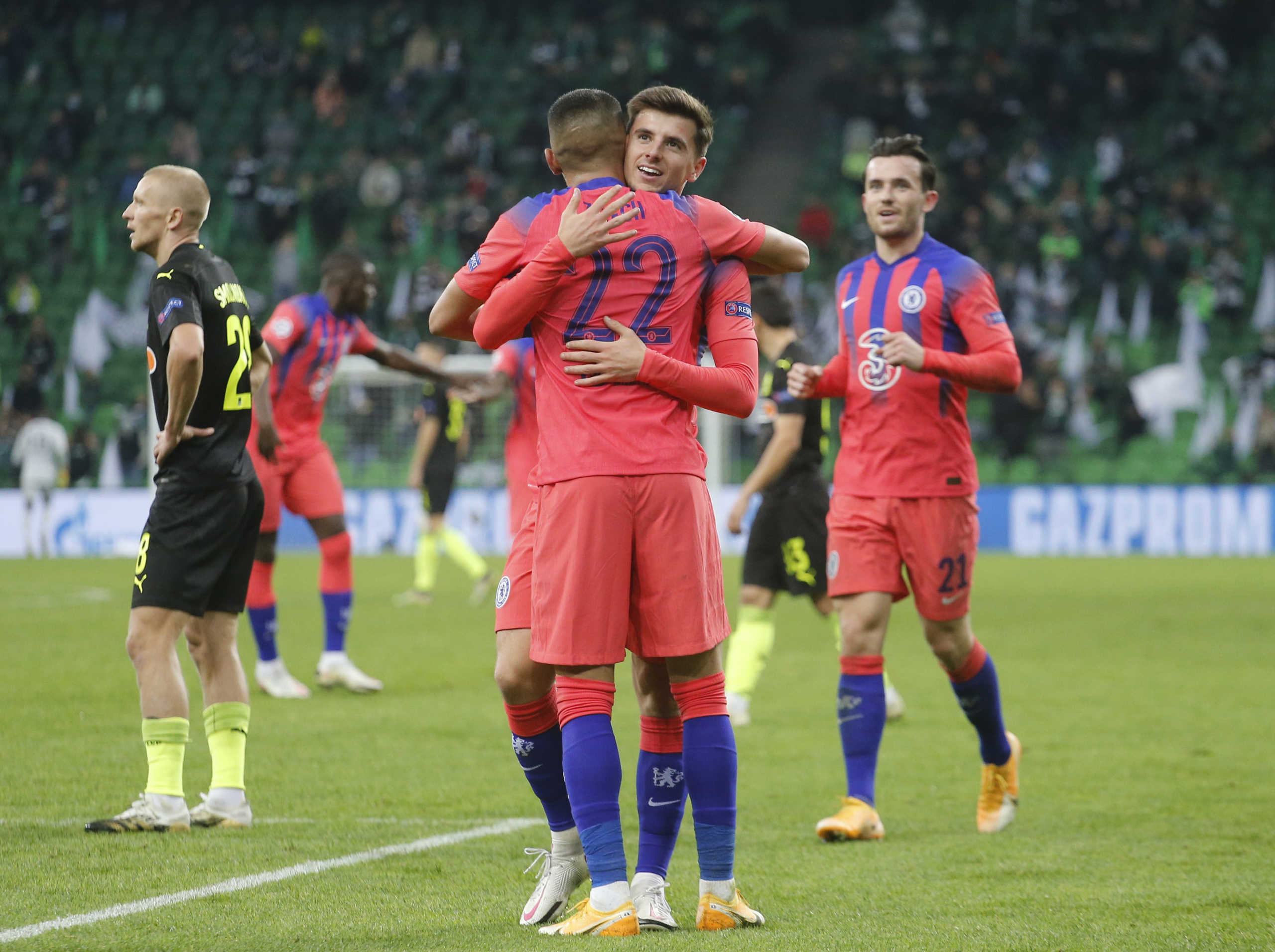 Soccer Football - Champions League - Group E - FC Krasnodar v Chelsea - Krasnodar Stadium, Krasnodar, Russia - October 28, 2020 Chelsea's Hakim Ziyech celebrates scoring their third goal with Mason Mount REUTERS