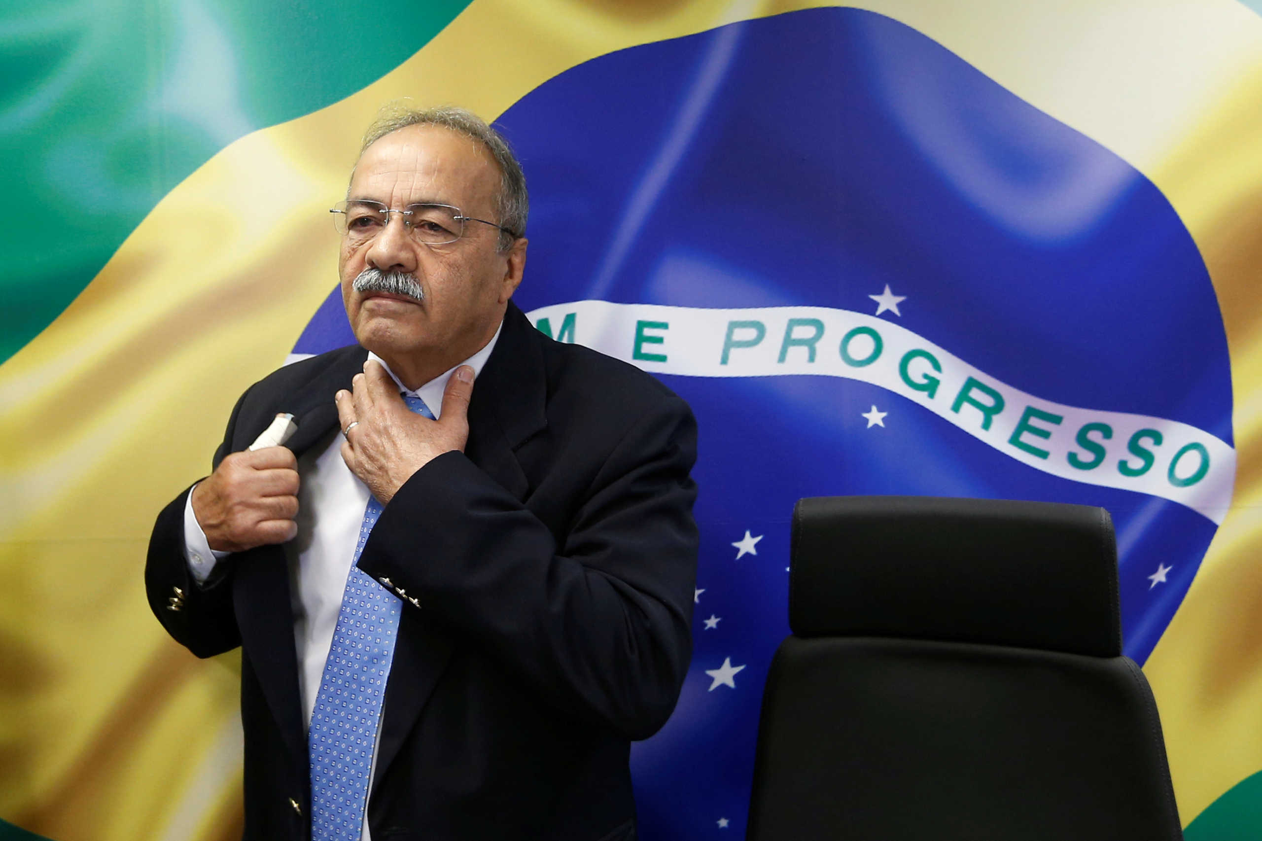 Brazil's Senator Chico Rodrigues reacts during a meeting with Brazilian Federal Deputy Eduardo Bolsonaro (not pictured) at the Federal Senate in Brasilia, Brazil August 9, 2019. Picture taken August 9, 2019. REUTERS