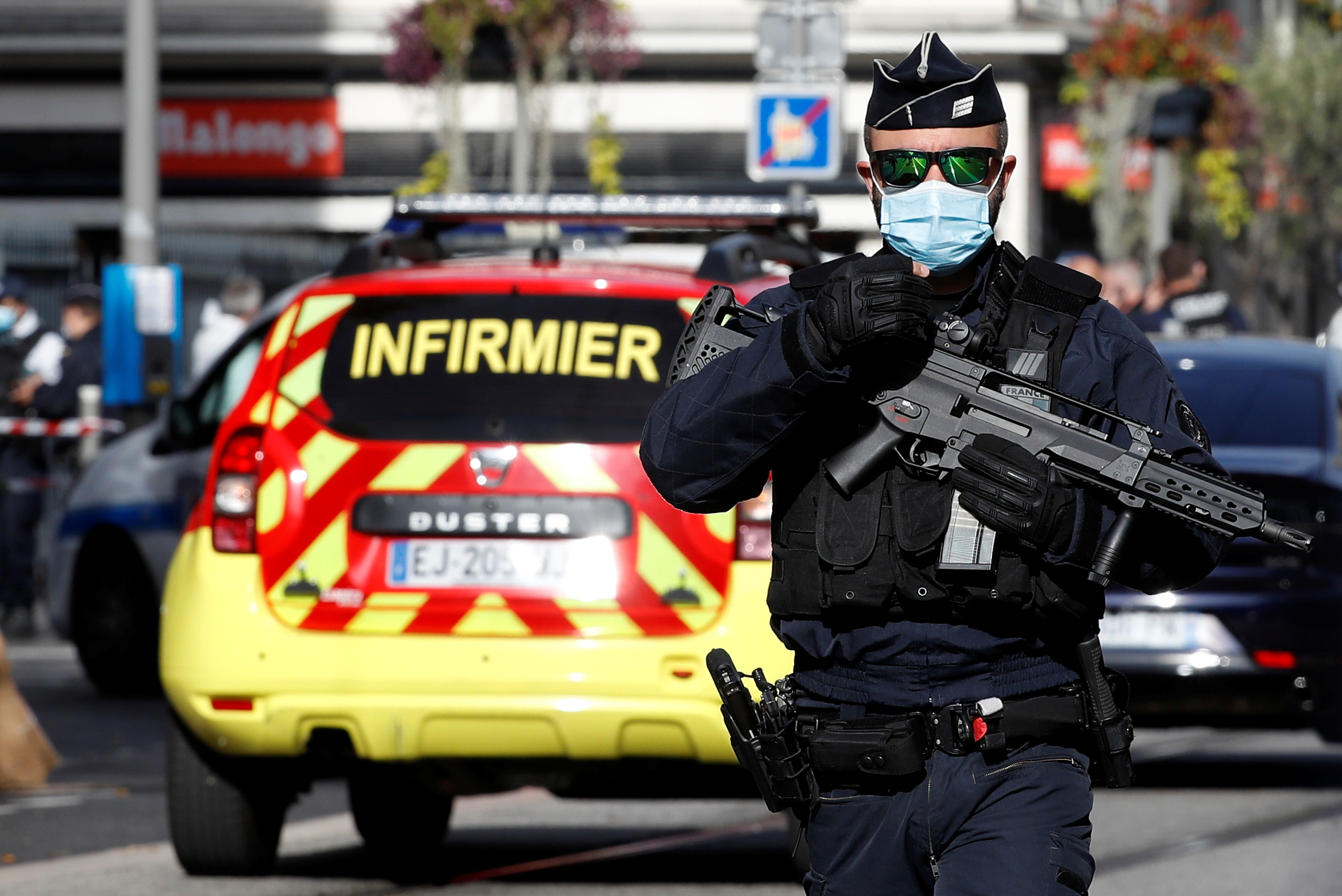 A security officer guards the area after a reported knife attack at Notre Dame church in Nice, France, October 29, 2020. REUTERS