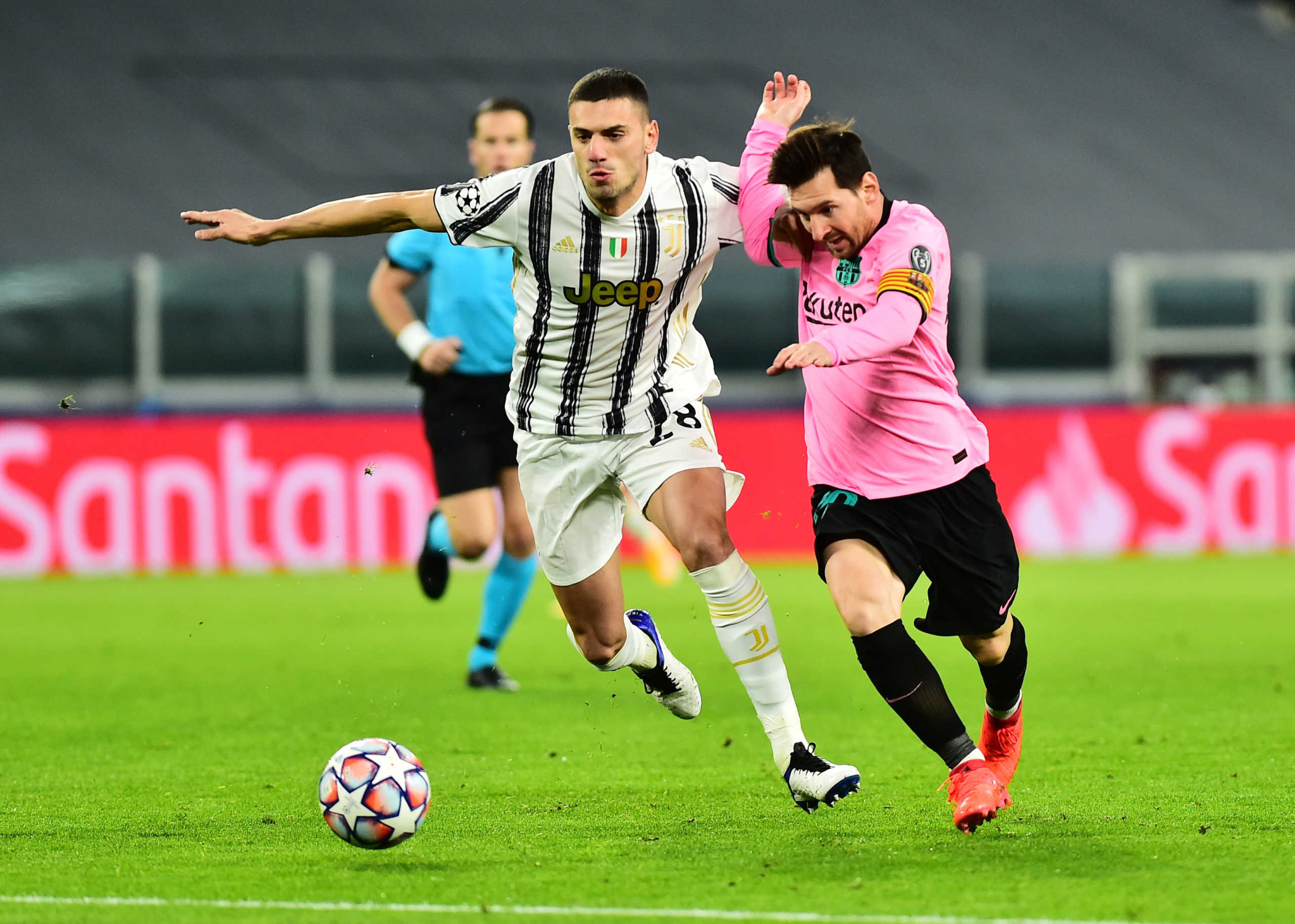 Soccer Football - Champions League - Group G - Juventus v FC Barcelona - Allianz Stadium, Turin, Italy - October 28, 2020  Barcelona's Lionel Messi in action with Juventus’ Merih Demiral REUTERS