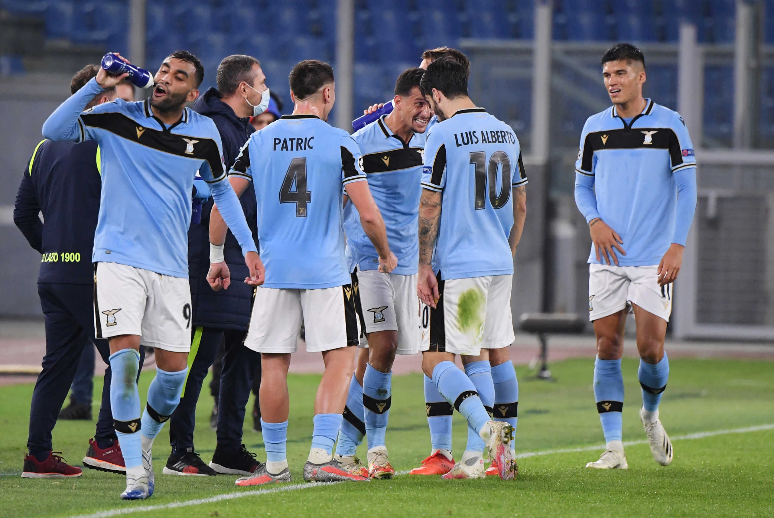 Soccer Football - Champions League - Group F - Lazio v Borussia Dortmund - Stadio Olimpico, Rome, Italy - October 20, 2020 Lazio's Luiz Felipe celebrates scoring their second goal with teammates REUTERS