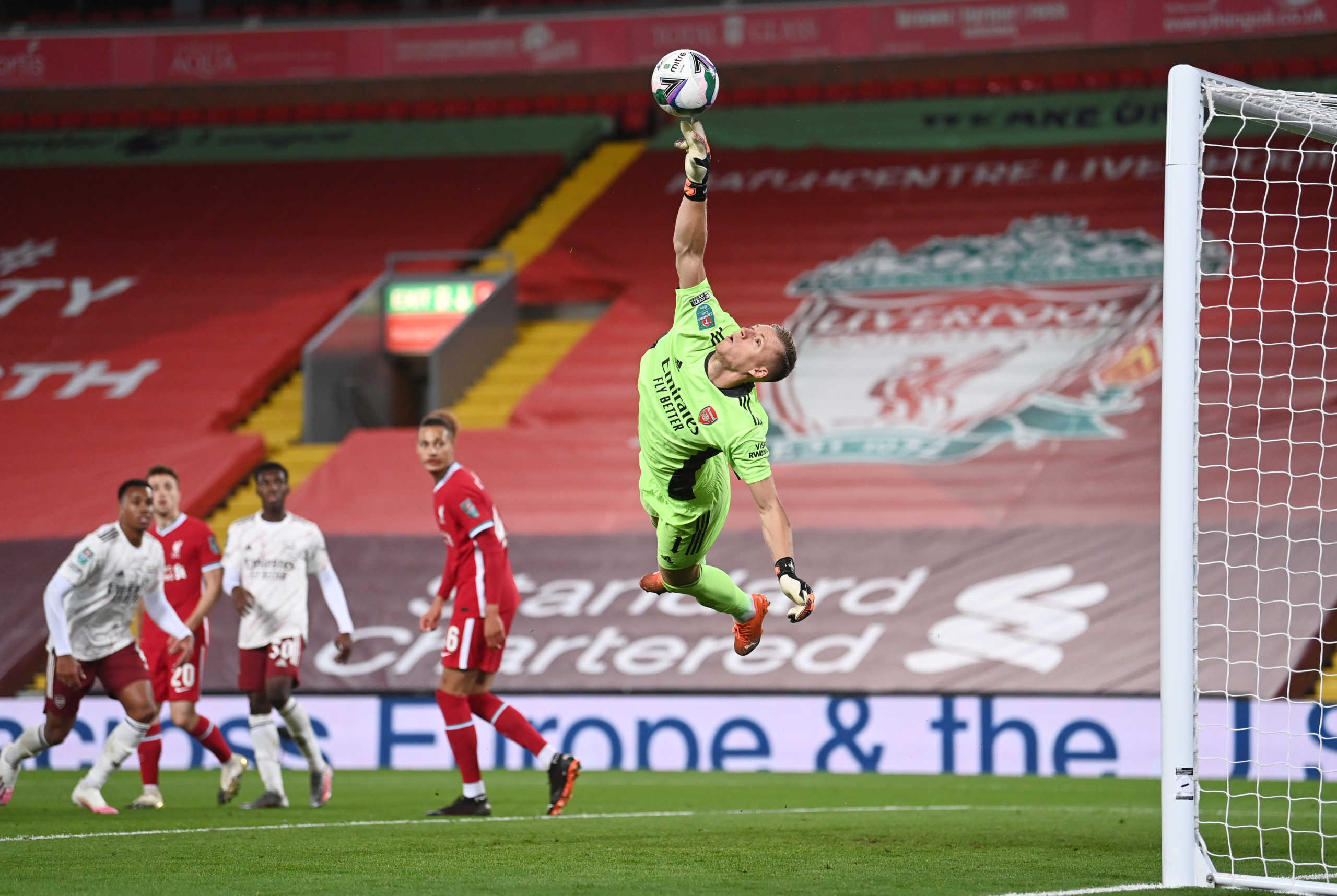 Soccer Football - Carabao Cup Fourth Round - Liverpool v Arsenal - Anfield, Liverpool, Britain - October 1, 2020 Arsenal's Bernd Leno makes a save Pool via REUTERS