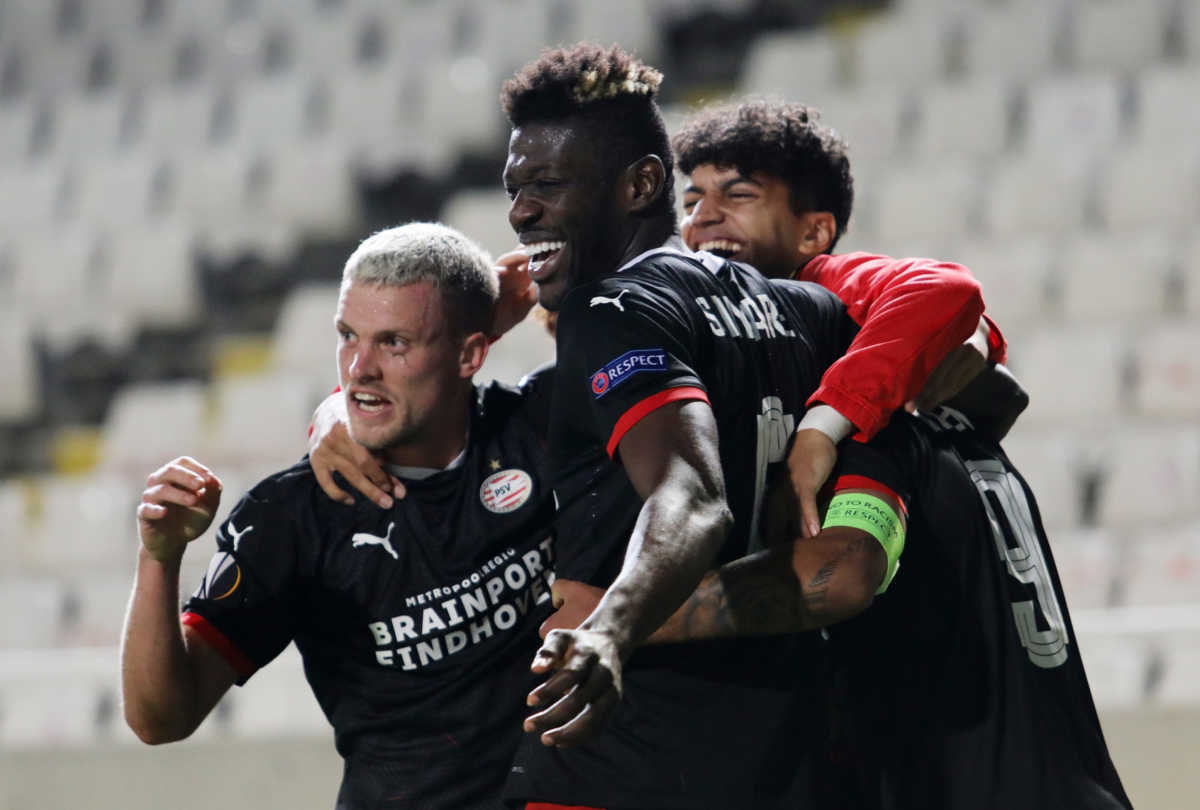 Soccer Football - Europa League - Group E - Omonia v PSV Eindhoven - GSP Stadium, Strovolos, Cyprus - October 29, 2020 PSV Eindhoven's Donyell Malen celebrates scoring their second goal with teammates REUTERS