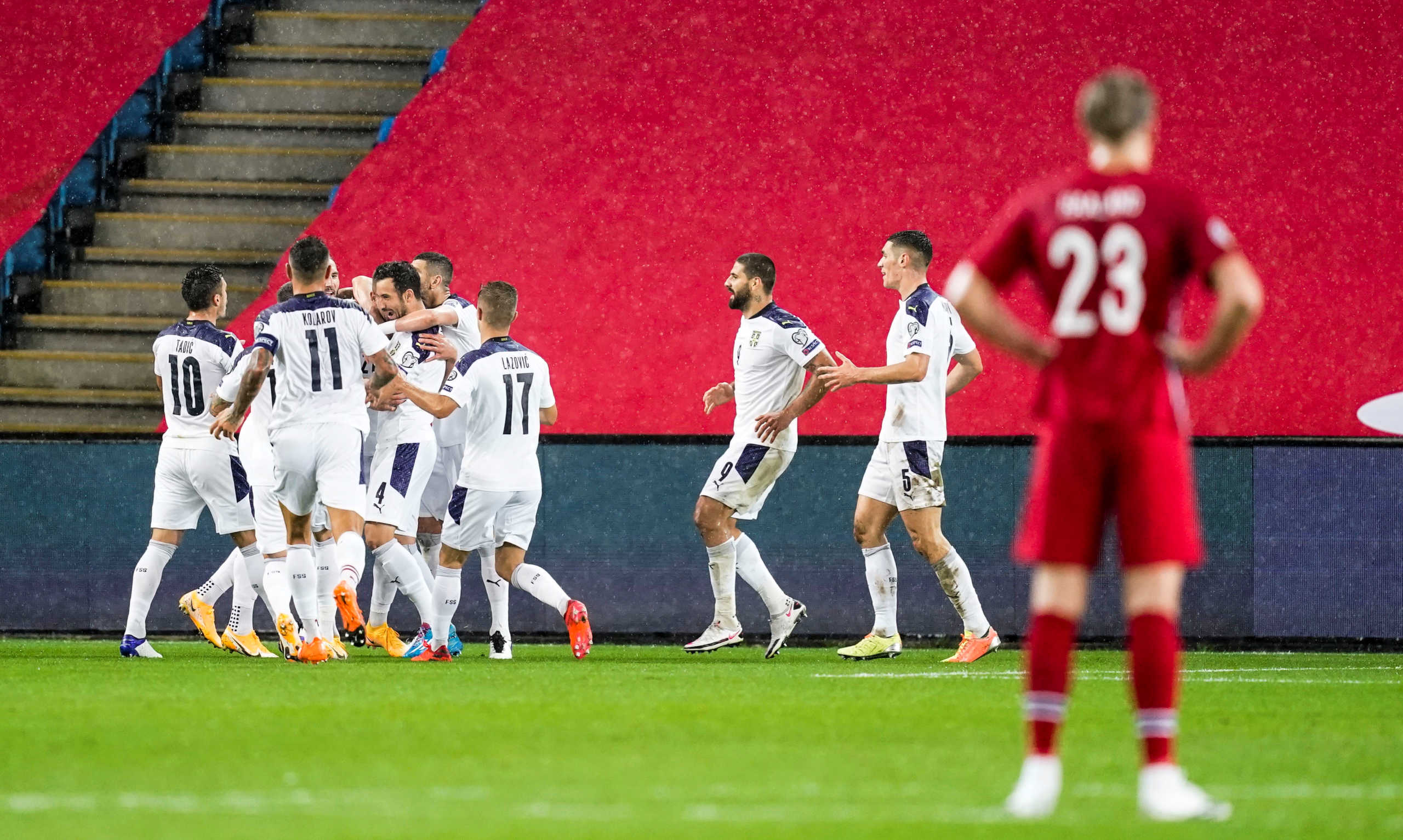 Soccer Football - Euro 2020 Qualification Play off - Norway v Serbia - Ullevaal Stadion, Oslo, Norway - October 8, 2020  Serbia's Sergej Milinkovic-Savic celebrates scoring their first goal with teammates  Stian Lysberg