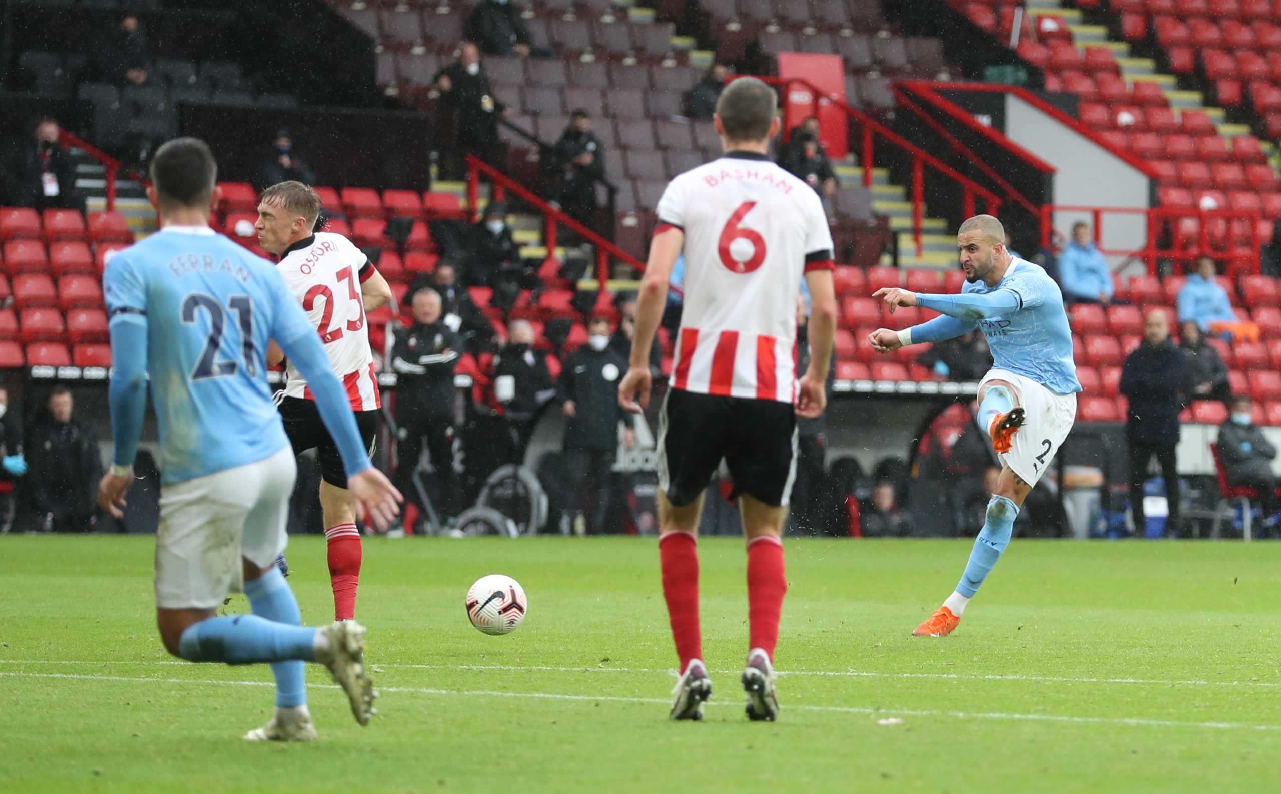 Soccer Football - Premier League - Sheffield United v Manchester City - Bramall Lane, Sheffield, Britain - October 31, 2020 Manchester City's Kyle Walker scores their first goal Pool via REUTERS