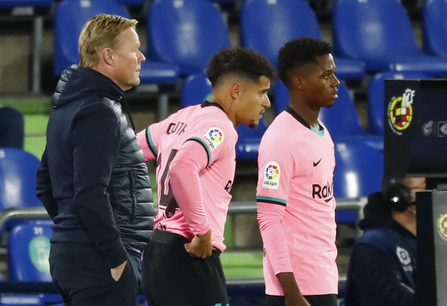 Soccer Football - La Liga Santander - Getafe v FC Barcelona - Coliseum Alfonso Perez, Getafe, Spain - October 17, 2020  FC Barcelona's Philippe Coutinho and Ansu Fati come on as substitutes to replace Pedri and Ousmane Dembele REUTERS
