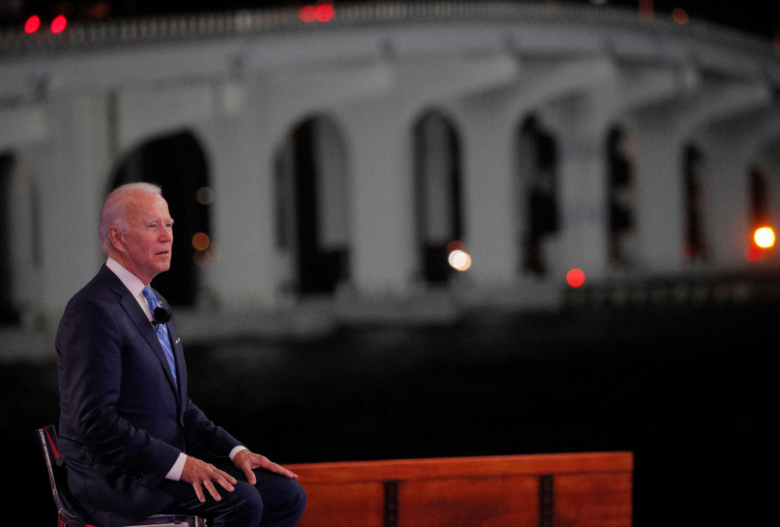 U.S. Democratic presidential candidate and former Vice President Joe Biden looks on during an NBC News town hall event while campaigning for president in Miami, Florida, U.S., October 5, 2020.  REUTERS