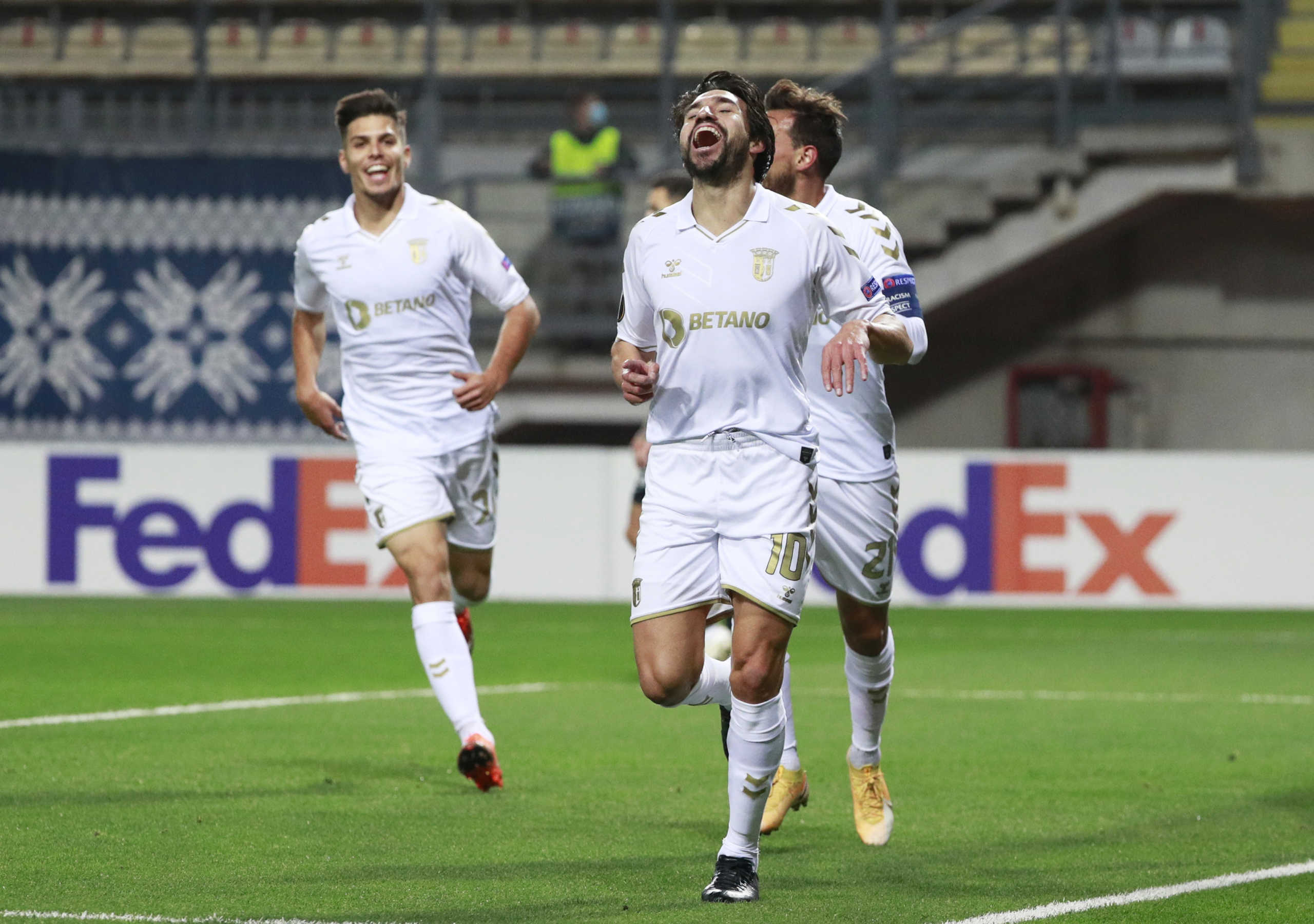 Soccer Football - Europa League - Group G - Zorya Luhansk v S.C. Braga - Slavutych Arena, Zaporizhia, Ukraine - October 29, 2020  S.C. Braga's Nicolas Gaitan celebrates scoring their second goal REUTERS