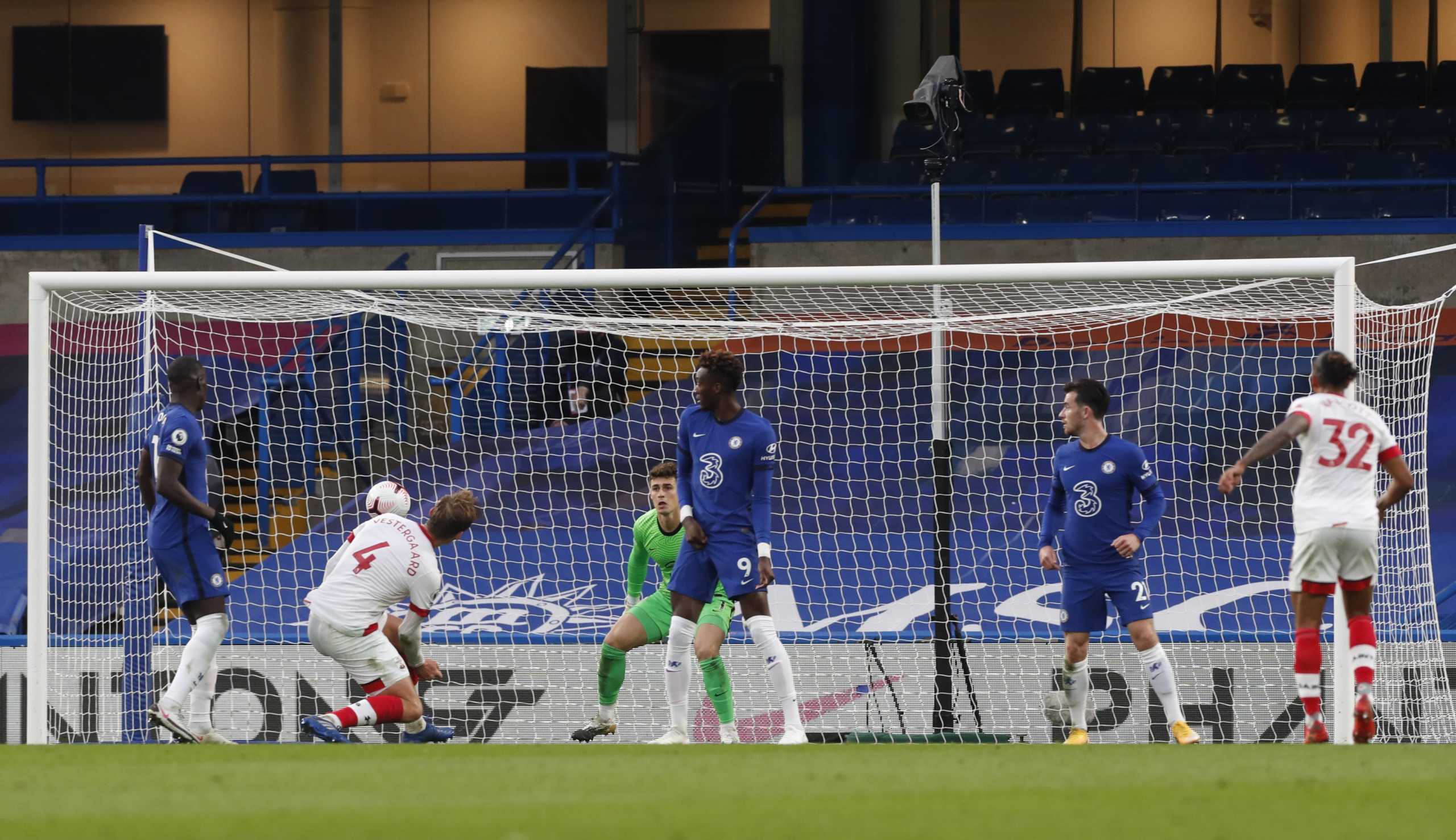 Soccer Football - Premier League - Chelsea v Southampton - Stamford Bridge, London, Britain - October 17, 2020 Southampton's Jannik Vestergaard scores their third goal Pool via REUTERS
