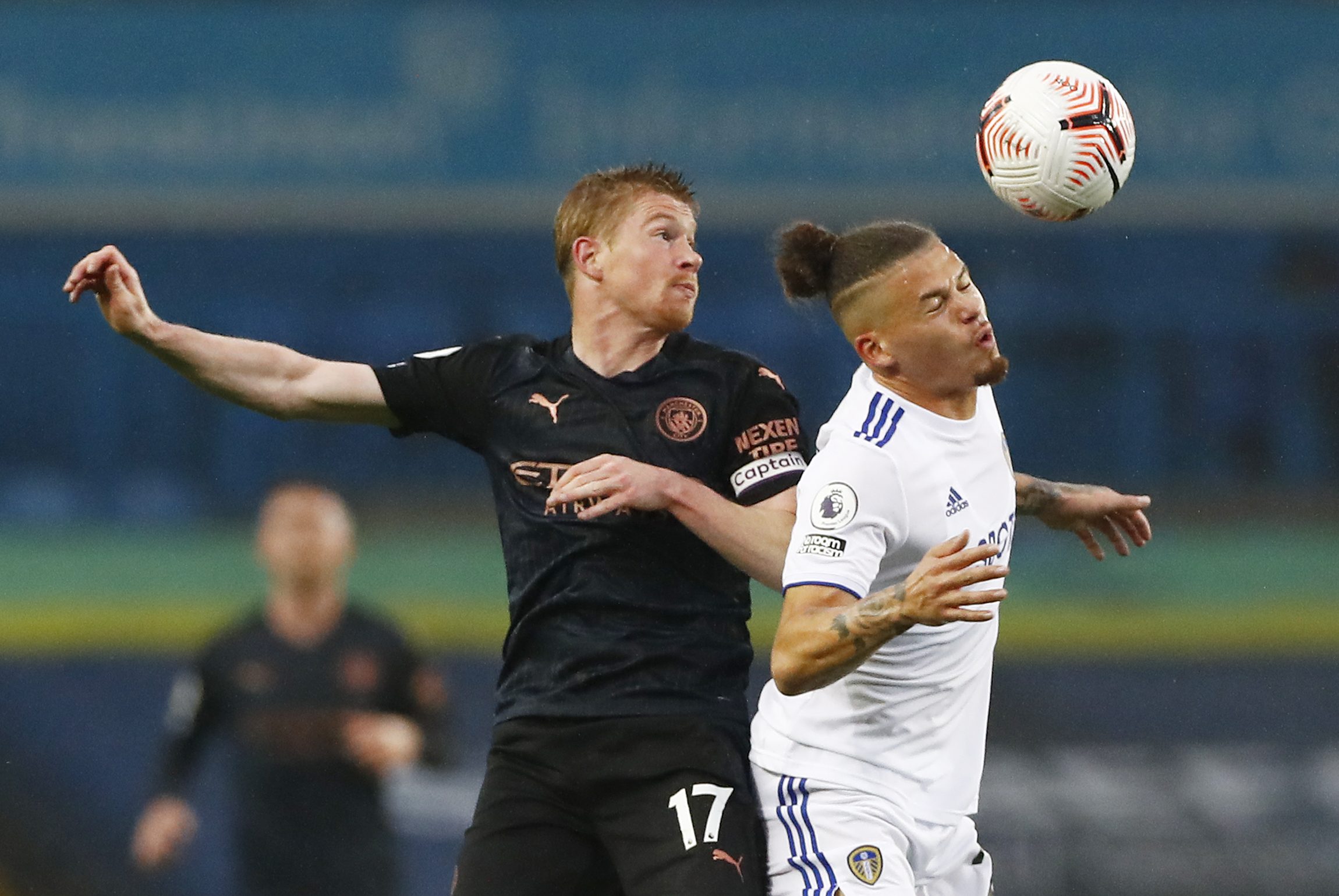 Soccer Football - Premier League - Leeds United v Manchester City - Elland Road, Leeds, Britain - October 3, 2020 Leeds United's Kalvin Phillips in action with Manchester City's Kevin De Bruyne Pool via REUTERS