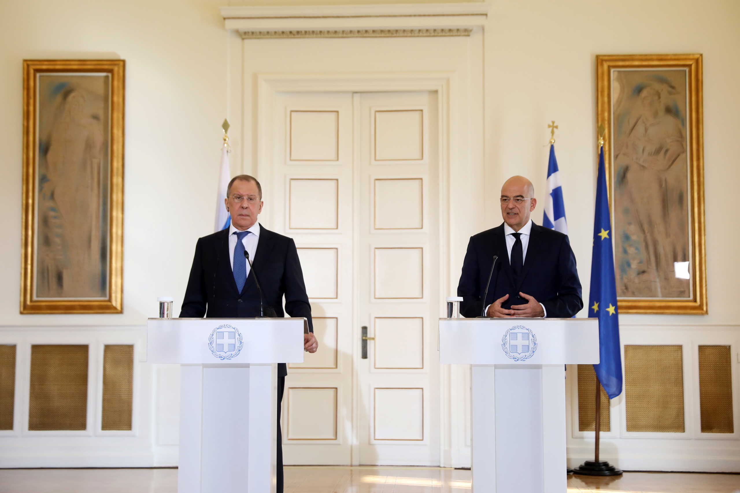Greek Foreign Minister Nikos Dendias speaks during a joint news conference with his Russian counterpart Sergei Lavrov at the Foreign Ministry in Athens, Greece, October 26, 2020. REUTERS