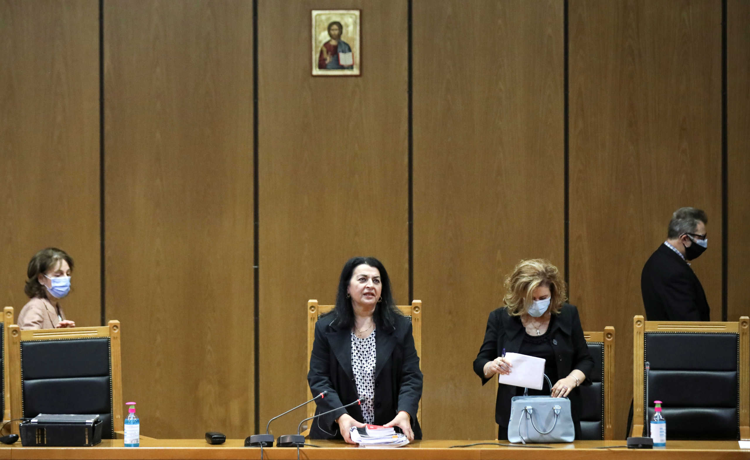 Presiding judge Maria Lepenioti attends the trial of leaders and members of the Golden Dawn in a court in Athens, Greece, October 12, 2020. REUTERS