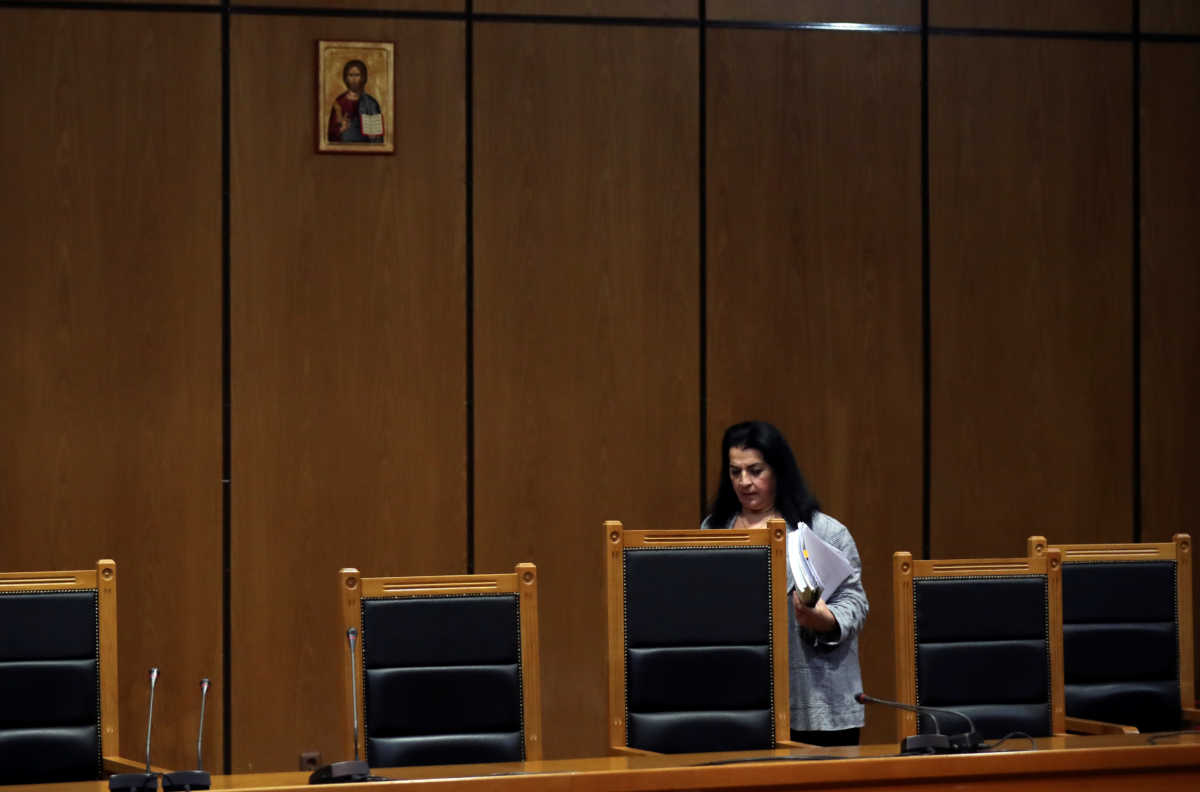 Presiding judge Maria Lepenioti arrives to announce the sentences during the trial of leaders and members of the Golden Dawn far-right party that was declared a criminal organisation by a court, in Athens, Greece, October 14, 2020. REUTERS
