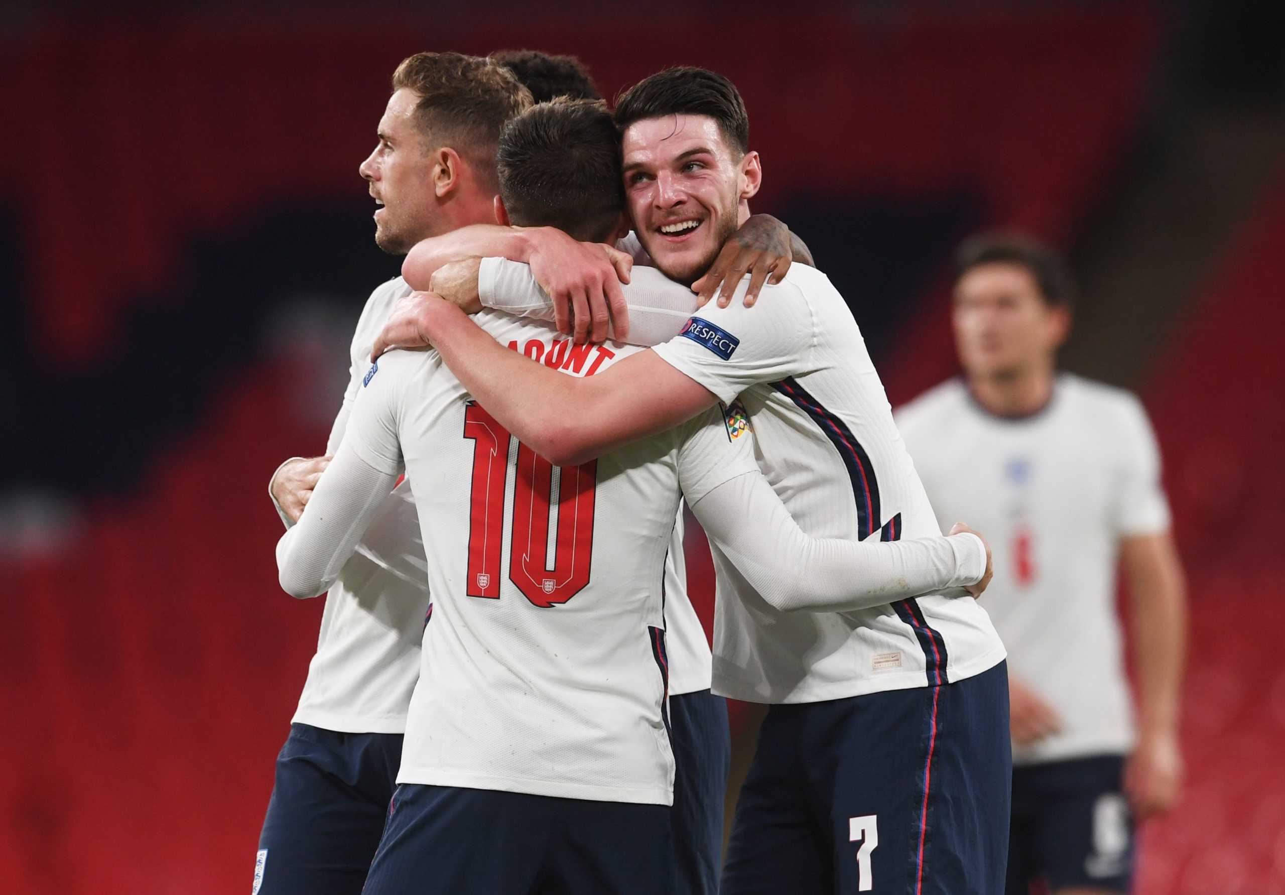 Soccer Football - UEFA Nations League - League A - Group 2 - England v Belgium - Wembley Stadium, London, Britain - October 11, 2020 England's Mason Mount celebrates scoring their second goal with Declan Rice Pool via REUTERS